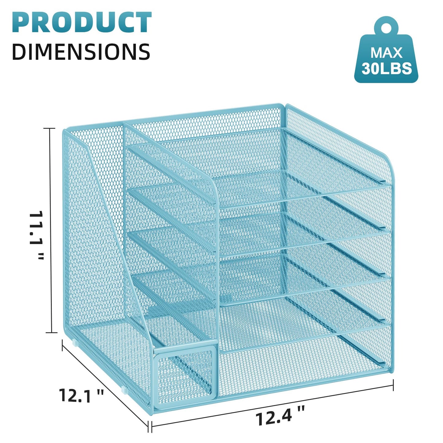 Marbrasse Desk Organizer with File Holder,5-Tier Paper Letter Tray,Metal Mesh Desk Organizers and Accessories,Organization and Storage for School, Home, Office(Blue)
