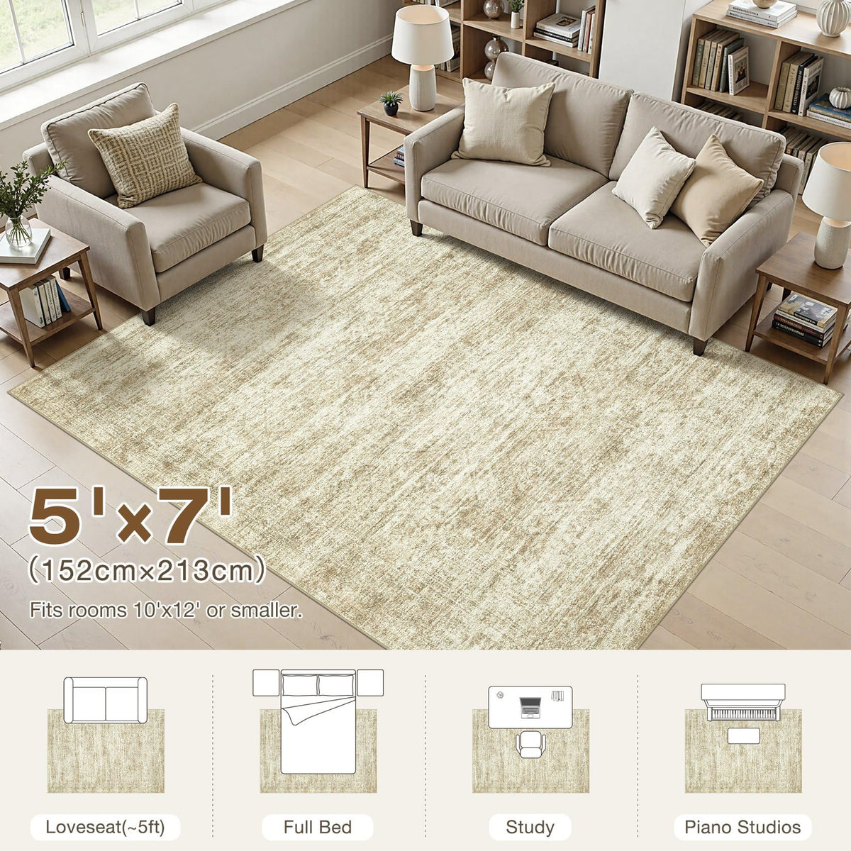 cotiled Large Area Rugs for Living Room 5x7, Machine Washable Rugs with Non Slip Backing Modern Neutral Abstract Rugs Stain Resistant Distressed Carpets for Home Office Decor (5x7 Beige/Brown)