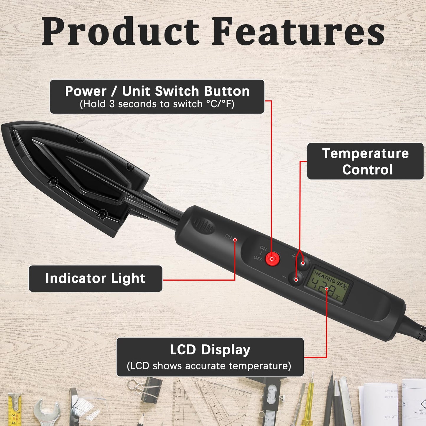 Edge Banding Iron with LCD Display,Adjustable 212-428℉ (100-220℃),Metal Stand,65 in Power Cord,3 Replaceable Socks,Precision Control Sealing Iron for Furniture Edges & Models