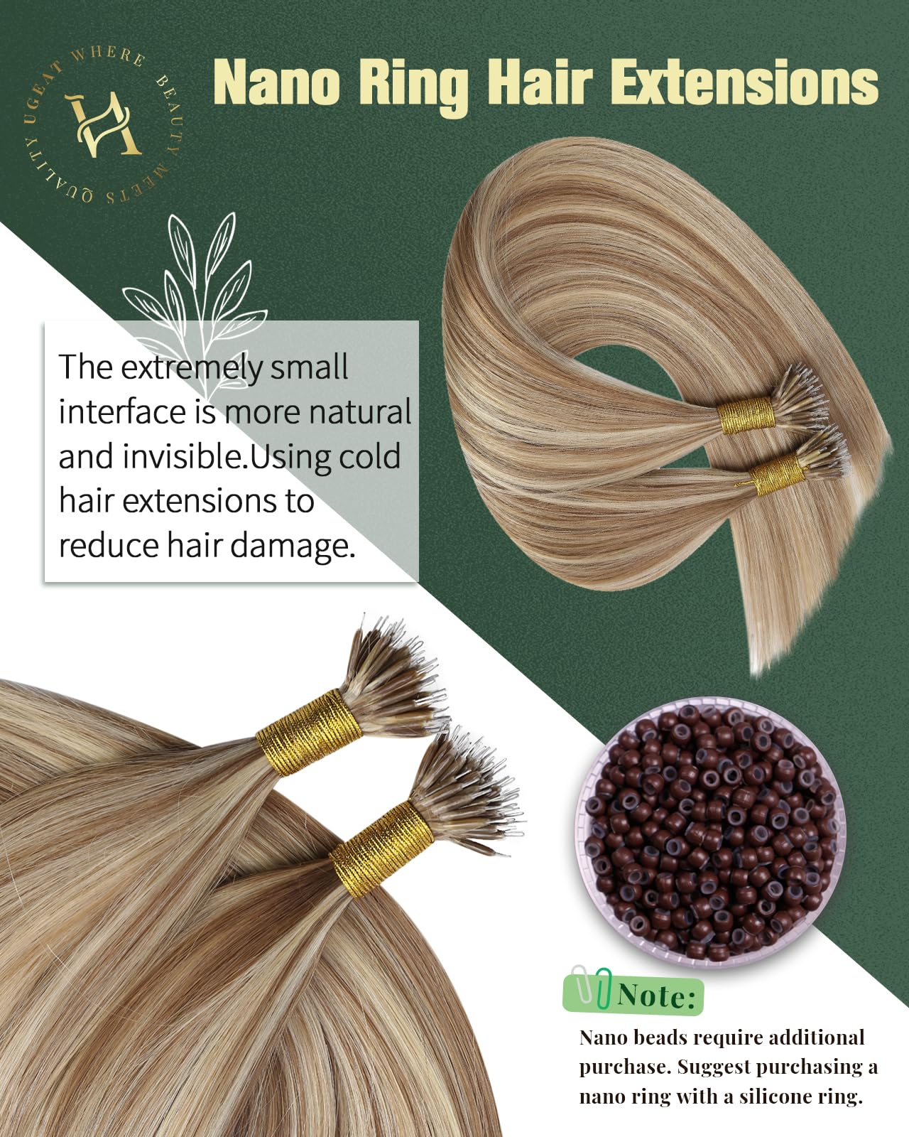 Ugeat Nano Bead Hair Extensions Human Hair Golden Brown Highlights Bleach Blonde Nano Tip Human Hair Extensions for Women Nano Link Hair Extensions Human Hair 18inch 50G 50S