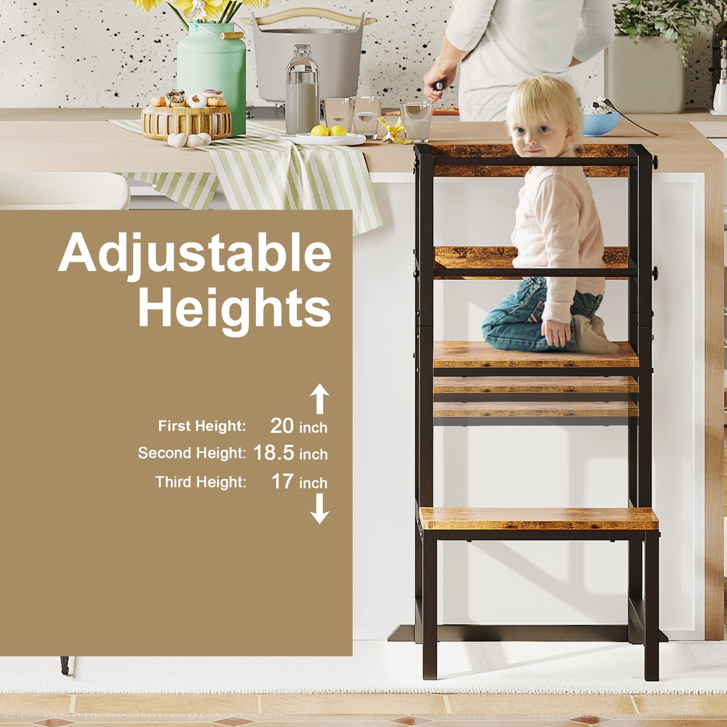 Kids Step Stool for Kitchen, Height Adjustable Toddler Tower with Safety Rail, Steel and Wood Toddler Kitchen Stool Helper Kids, Learning Tower, Nursery Helper Stand Stool