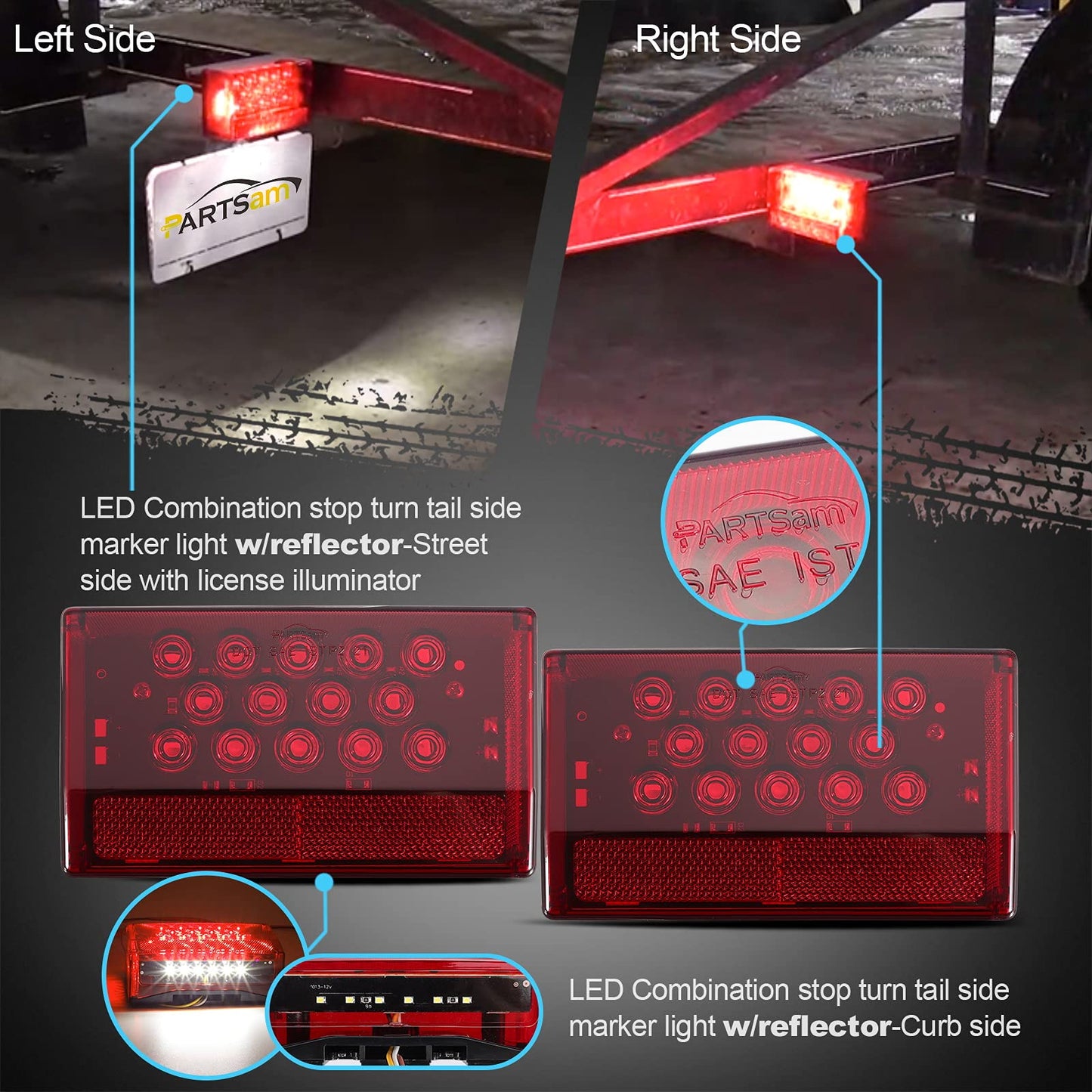 Partsam 6" Rectangular LED Combination Tail Lights Kit Red, 12V LED Submersible Sealed Rectangular Boat Trailer Stop Turn Tail License Plate Brake Running Light Kit w/25ft Wiring Harness 4Pin+Bracket