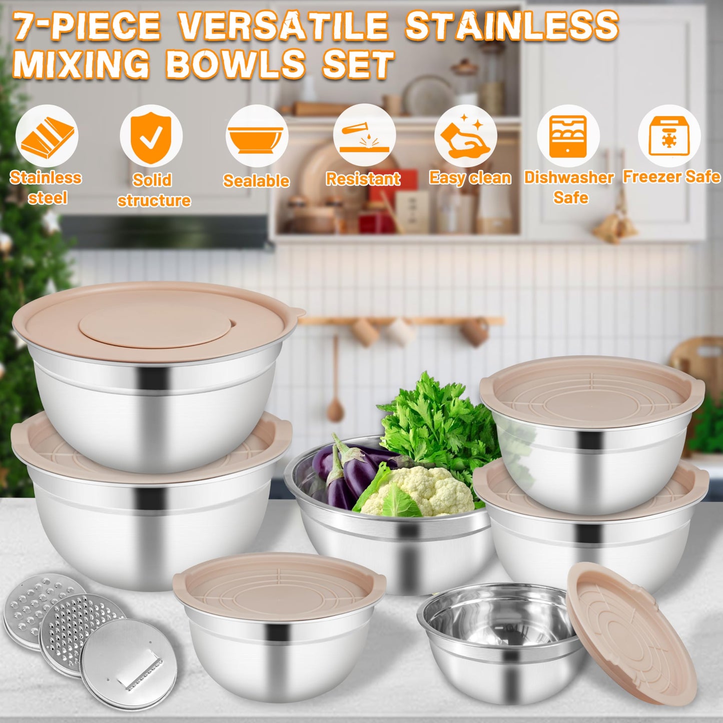 Mixing Bowls with Airtight Lids for Kitchen, 7 Piece Stainless Steel Metal Nesting Storage Bowls, 3 Grater Attachments, Size 4.5, 3.6, 2.7, 2.1,1.7, 1.1,0.7QT for Mixing, Baking & Serving Food