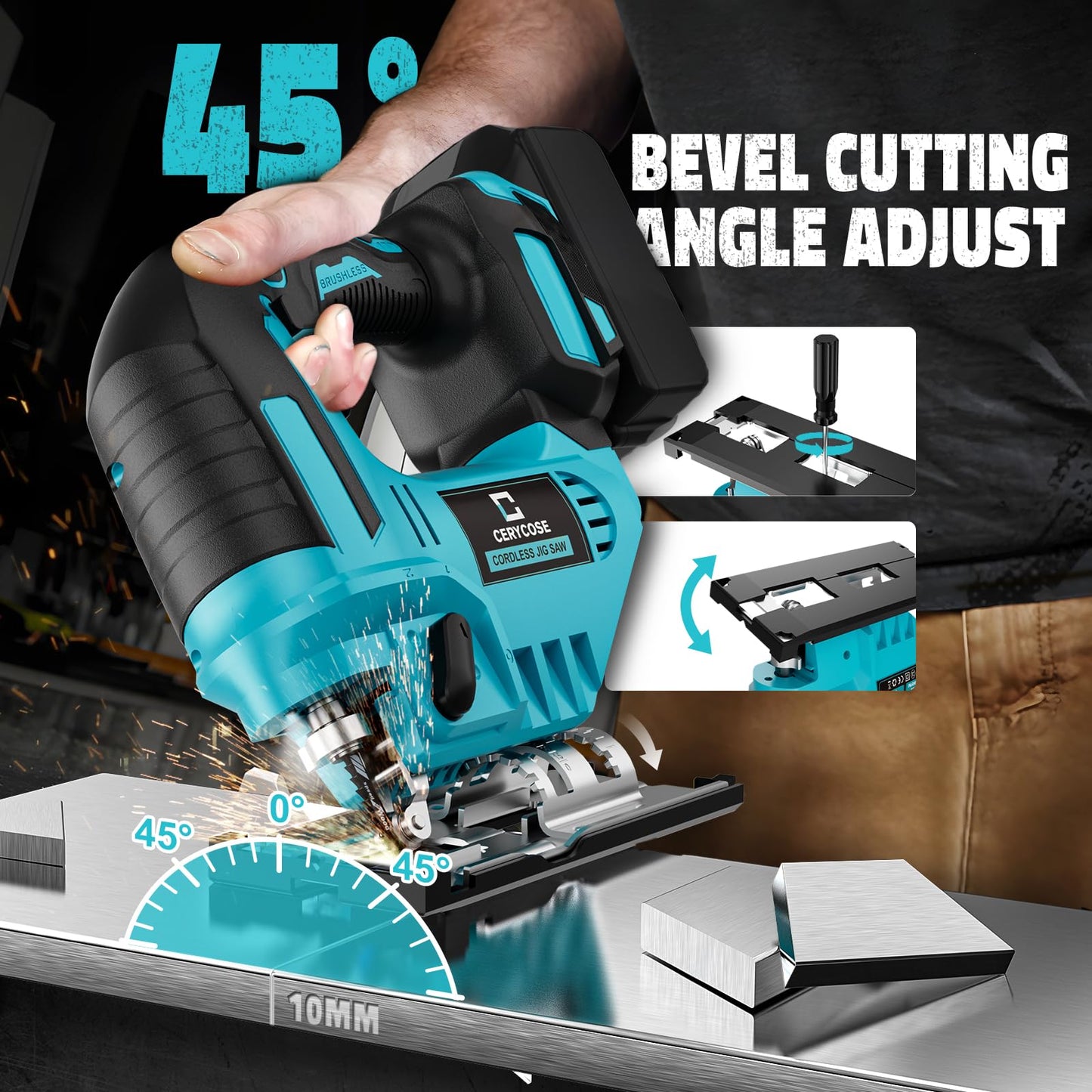 Cerycose Jig Saw Compatible with Makita 18V Battery, Cordless Jigsaw Tool Brushless Motor, Variable Speed, Bevel Angle (0°-45°), LED Light with 3 Position Orbital Setting(No Battery)