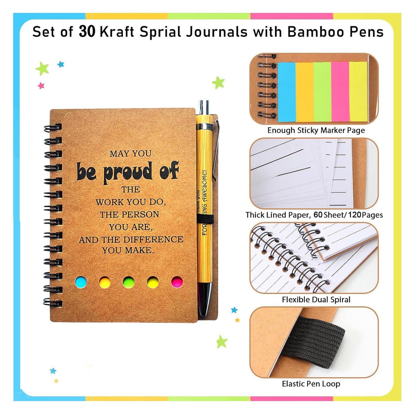 30 Sets Employee Appreciation Inspirational Spiral Notebook Journal with Sticky Note Notepad Motivational Bamboo Ballpoint Pen Bulk for Nurse Teacher Student Coworker Thank You Present (Brown 30Set)