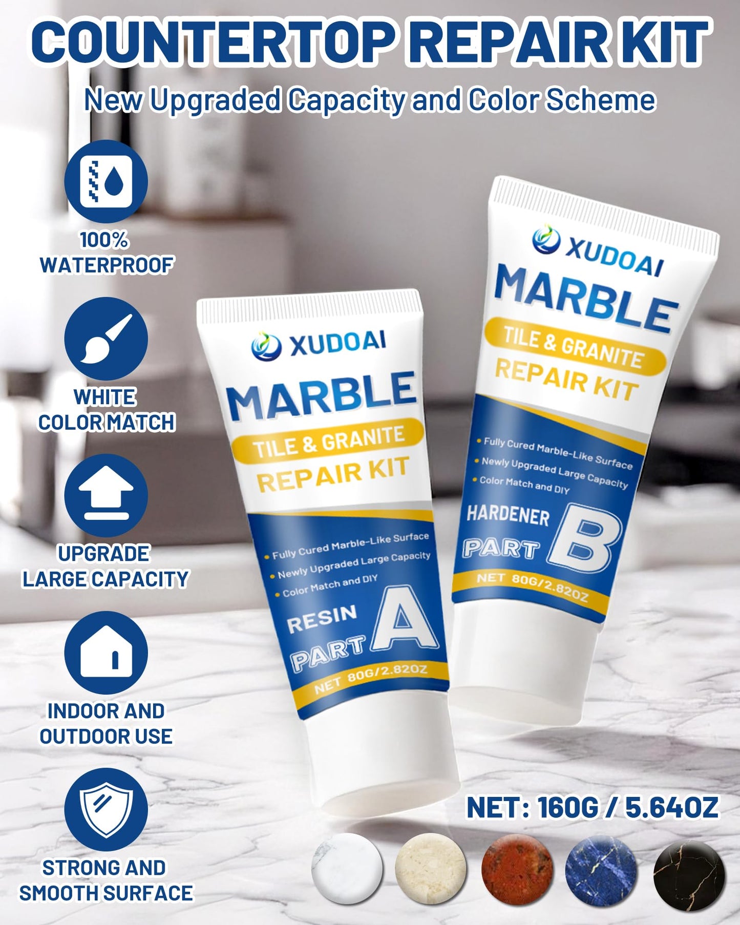 Marble and Granite Repair Kit (Color Match), 160g/5.64oz Quartz Countertop Repair Kit for Chips Holes Dents Defects Scratches Cracks, DIY Fix Reattaches Porcelain Tile Sink Stone Other Hard Surfaces