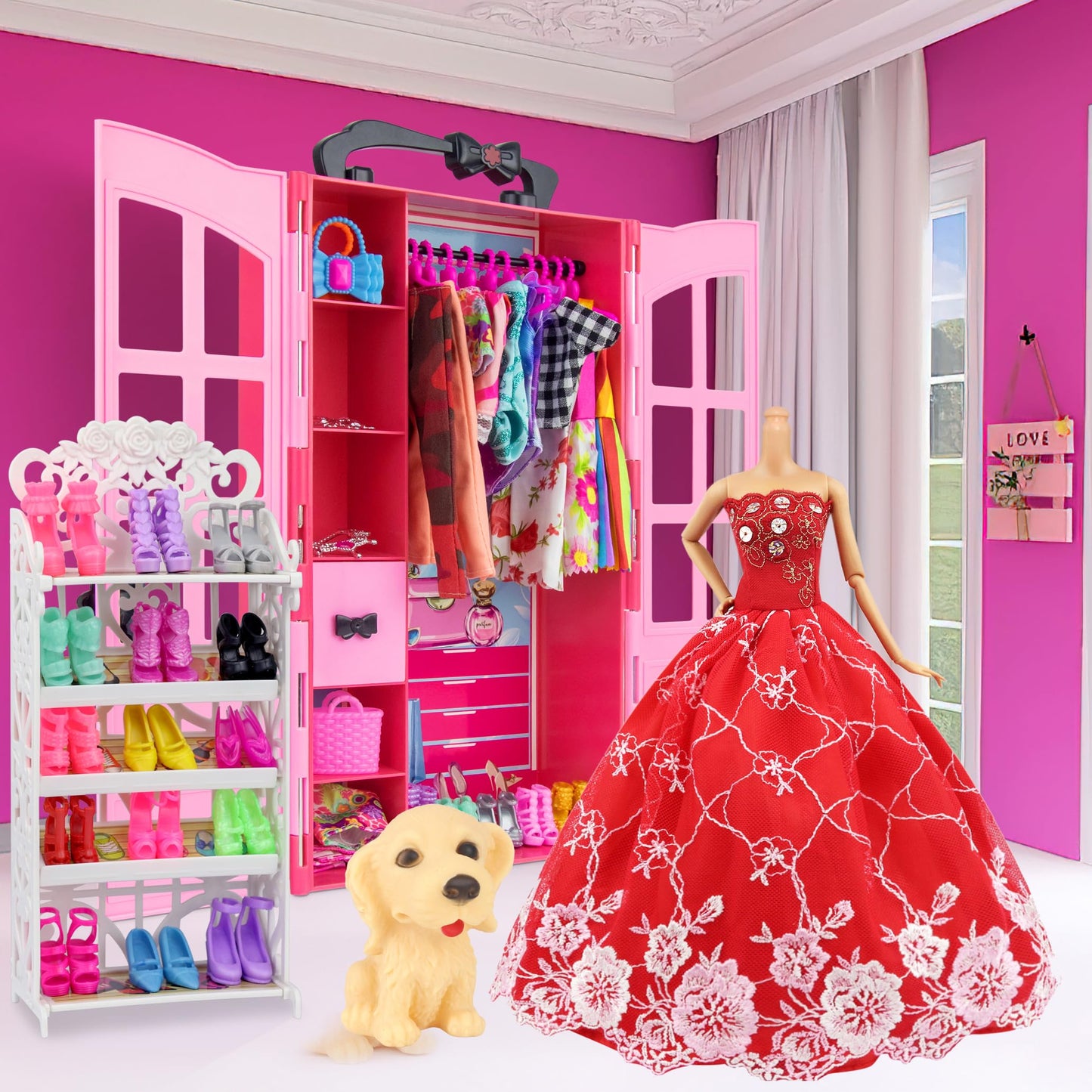 ZITA ELEMENT 120 Pcs Fashion Doll Closet Wardrobe for Clothes and Accessories Storage Include Clothes, Dresses, Shoes, Shoes Rack, Bags, Necklace, Hangers for 11.5 Inch Girl Doll Clothes