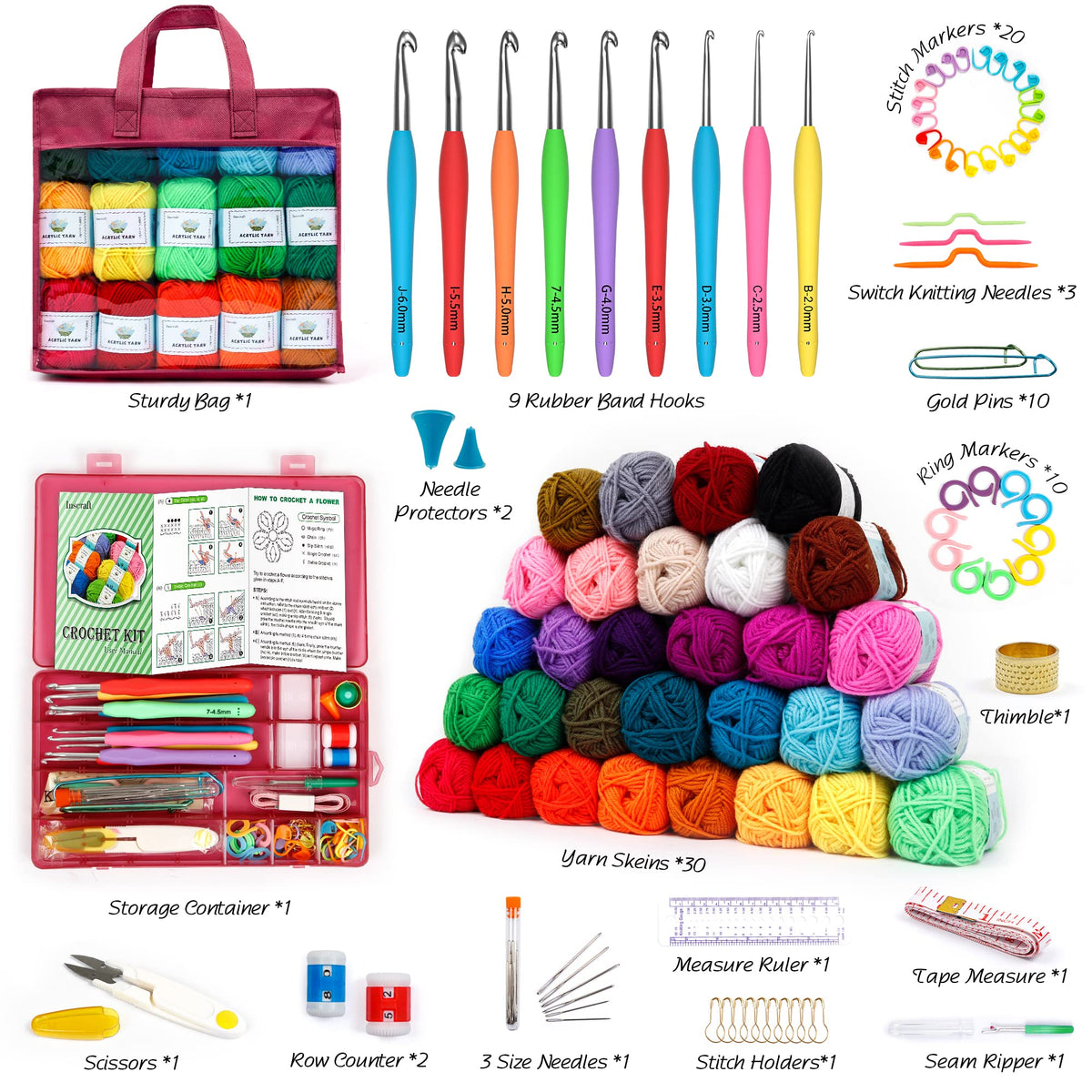 Inscraft Crochet Yarn Kit for Beginners Adults and Kids, Includes 1650 Yards 30 Colors Acrylic Skeins, User Manual, Hooks, Wine Bag etc, Make Amigurumi & Projects, Starter Set Professionals