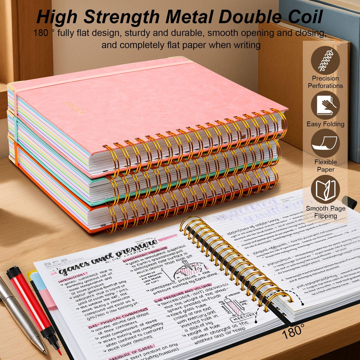 Hardcover Spiral Notebook 8"x10" Journal Notebook with Tabs and Removable Dividers 300 Pages 5 Subject Notebook College Ruled, Faux Leather Spiral Bound Notebook for Women, School Work(Black)