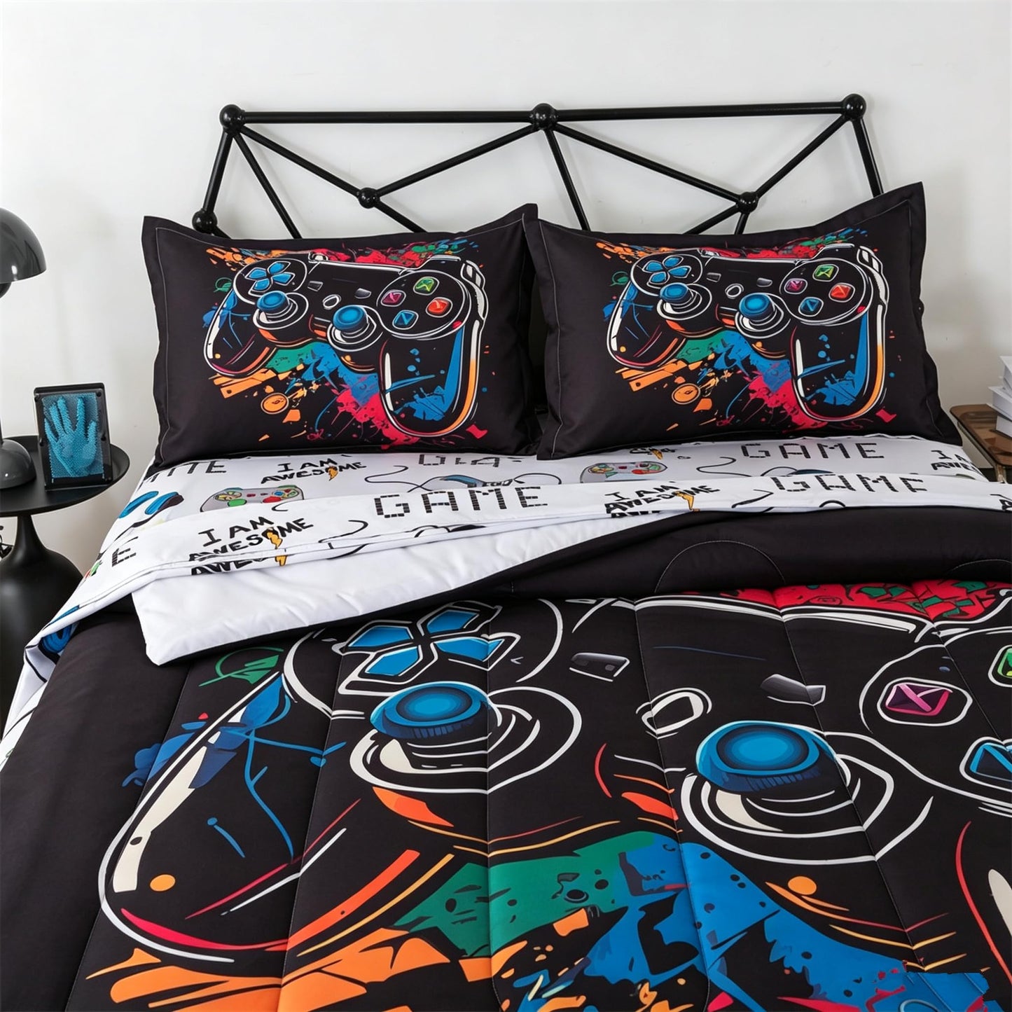 qjmiaofang Gamer Comforter Set for Boys 6 Pieces Black Gaming Bedding Set Twin for Kids Teens Bed in A Bag Gamer Bed Set with Sheets and Pillowcases Soft Microfiber for Home Decor