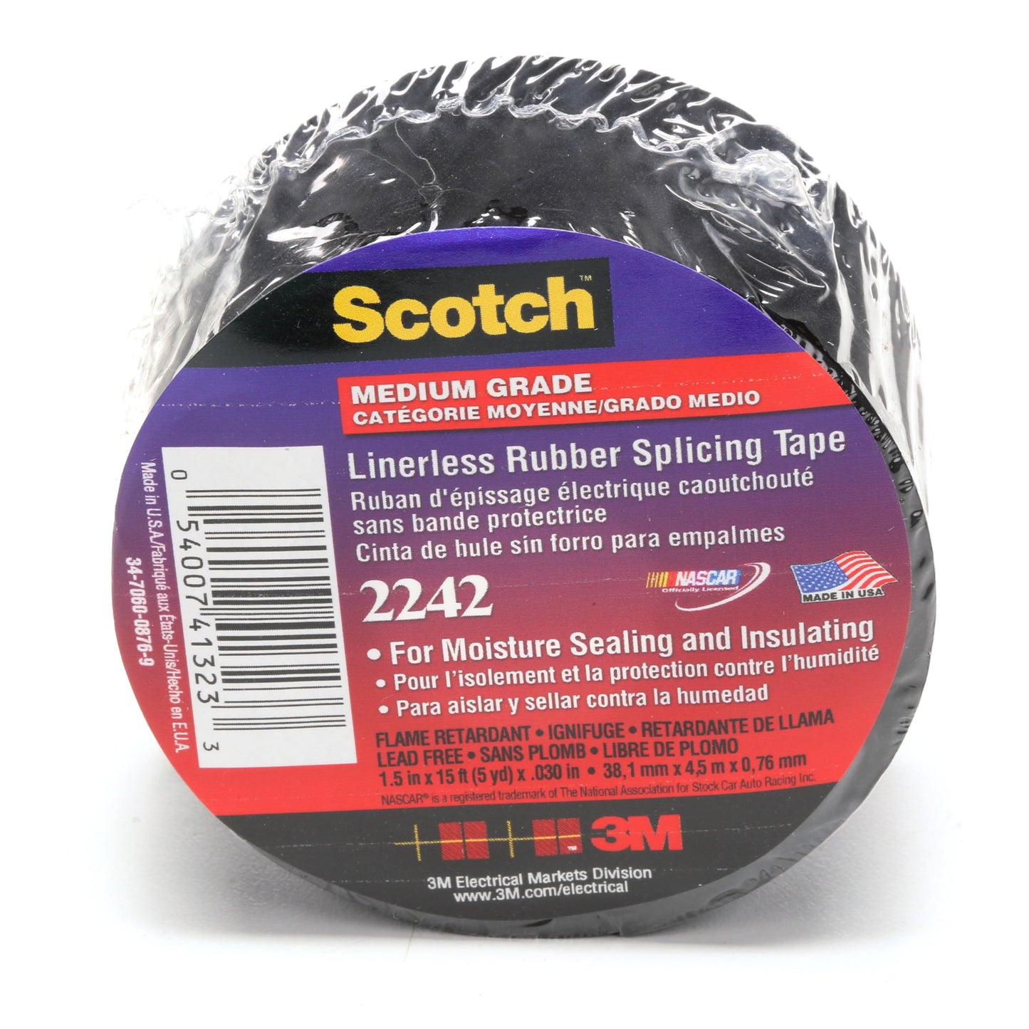 3M Linerless Electrical Rubber Tape 2242, 1-1/2 in x 15 ft, 1 in core, Black, General Purpose Self-Fusing Insulating Tape, 1 Roll