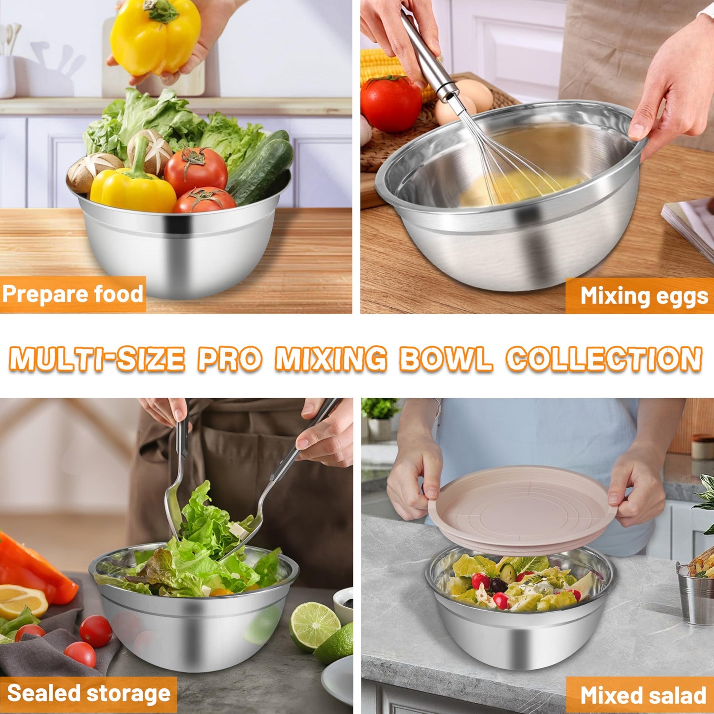 Mixing Bowls with Airtight Lids for Kitchen, 7 Piece Stainless Steel Metal Nesting Storage Bowls, 3 Grater Attachments, Size 4.5, 3.6, 2.7, 2.1,1.7, 1.1,0.7QT for Mixing, Baking & Serving Food