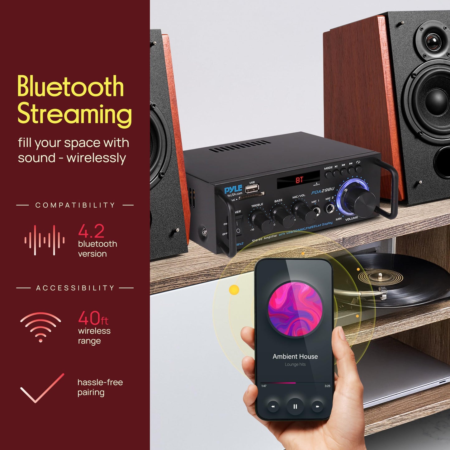 Pyle Bluetooth Amplifier-Wireless Dual Channel Stereo Amp, Powerful and Compact, 200W, LED Display, RCA/USB/SD/AUX/MIC in, FM Radio, Perfect for Home and Studio Audio