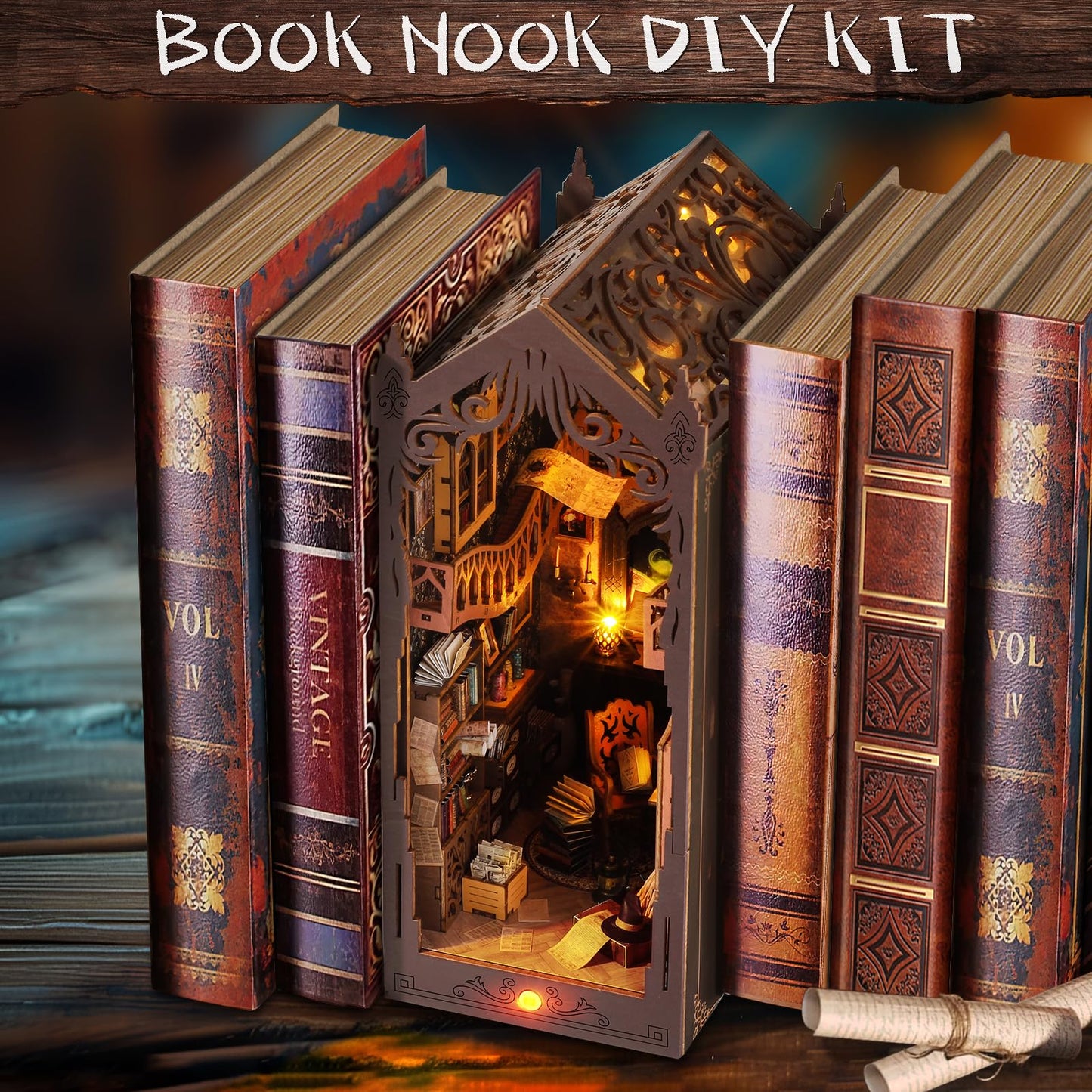 DIY Book Nook Kit: 3D Wooden Puzzle Shelf Insert with LED Light - Miniature Dollhouse Bookend Decor for Adults and Teens - Creative Gift,Not Including Glue (Style A)
