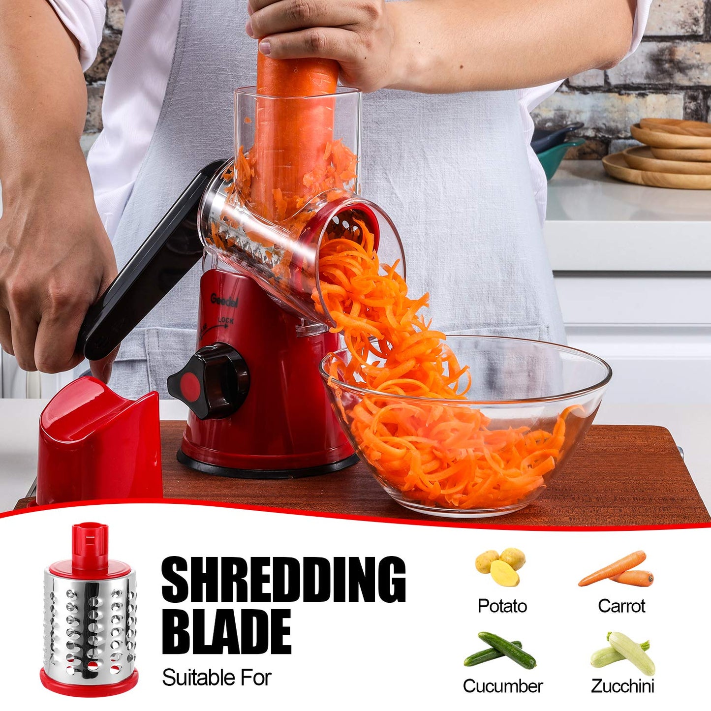 Geedel Kitchen Cheese Grater, Rotary Mandoline Vegetable Slicer with Interchangeable Blades, Easy to Use Rotary Grater Slicer for Fruit, Vegetables, Nuts