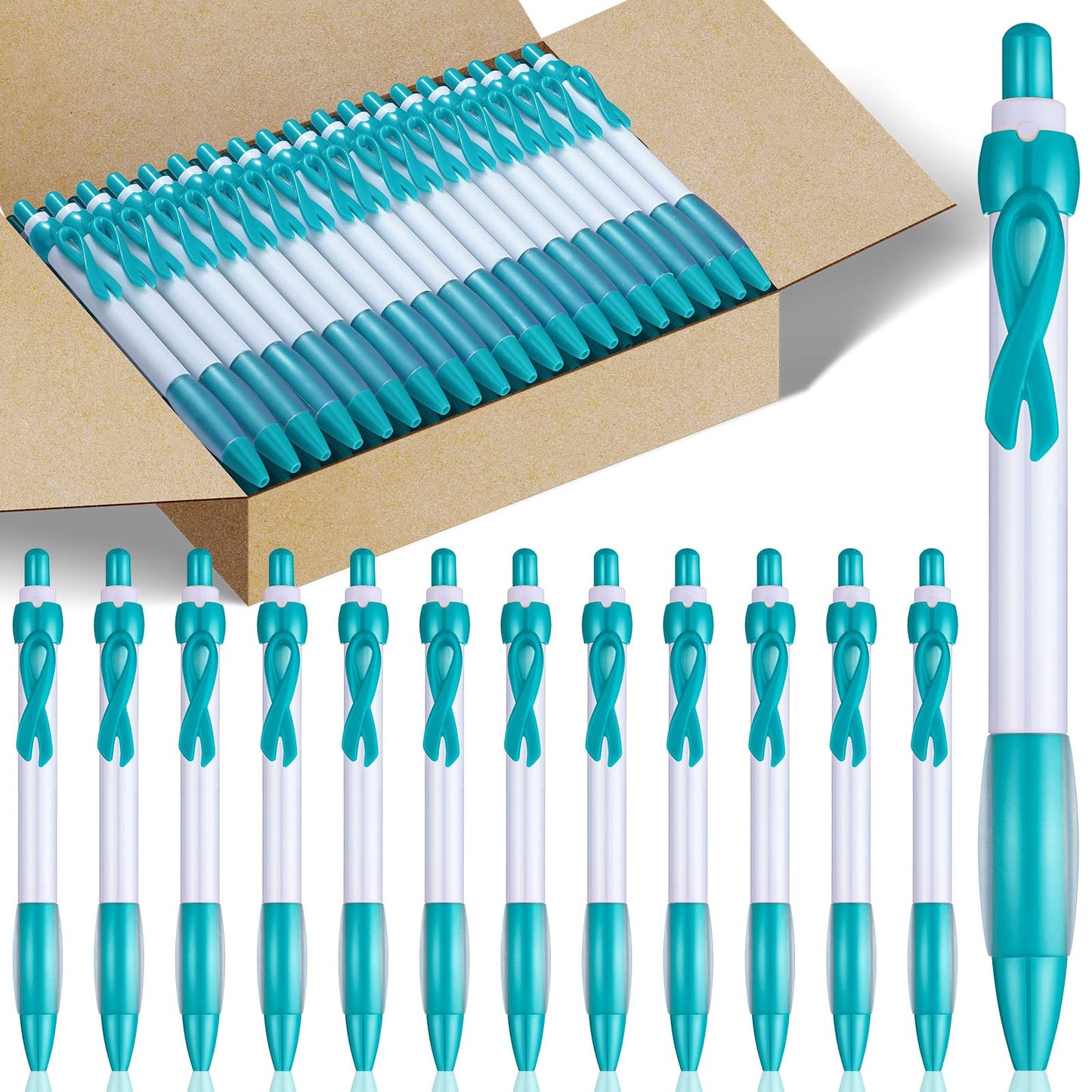Yexiya 100 Pcs Breast Cancer Awareness Ribbon Pen Autism Domestic Violence Aids Sexual Child Abuse Mental Health Ovarian Cervical Colon Leukemia Liver Pride Lung Item, Black Ink(Teal Color)