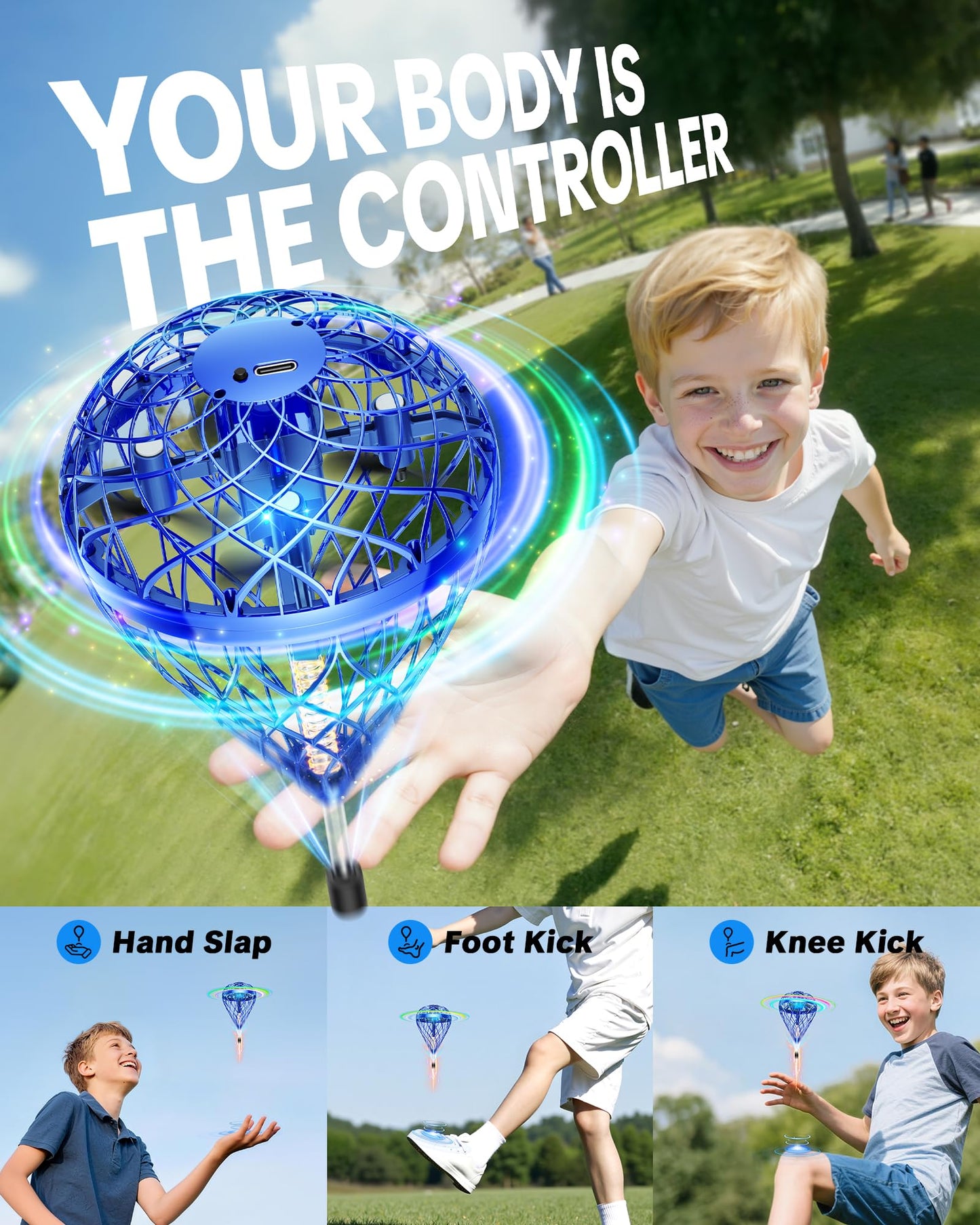 Flystars Flying Bouncing Toys, Next-Gen Pro 2025 Cosmic Globe Flying Orb Ball Motion-Control Hover Spinner with 3D Flips, Cool Interactive Gift Toy for Kids 6+ Boys Girls Teens (Blue)