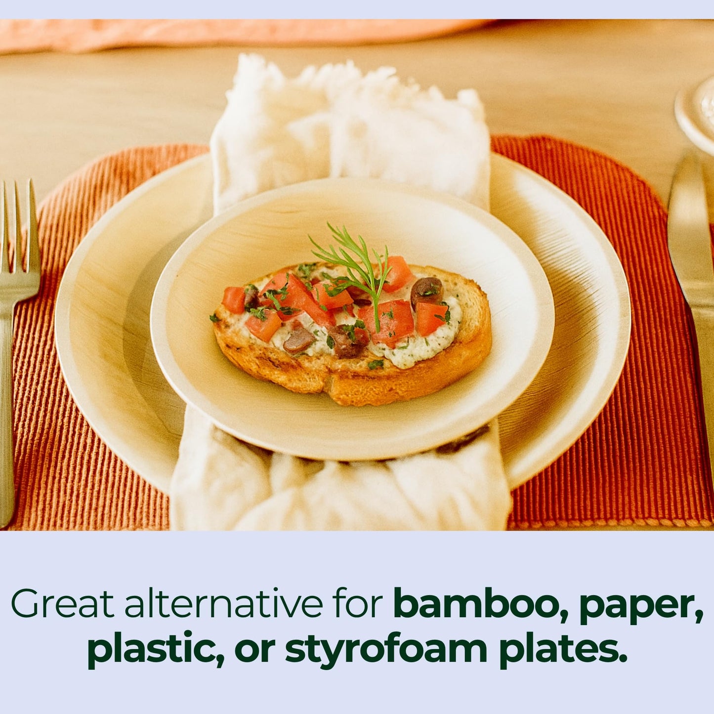 Dtocs Palm Leaf Disposable Plates (50 Pcs.) – 10 Inch Dinner, 7 Inch Dessert Plate Set (25 Each) | Eco-Friendly Rustic Bamboo, Wooden Plate Look Party Dinnerware Set | Sturdy Alt Round Paper Plates