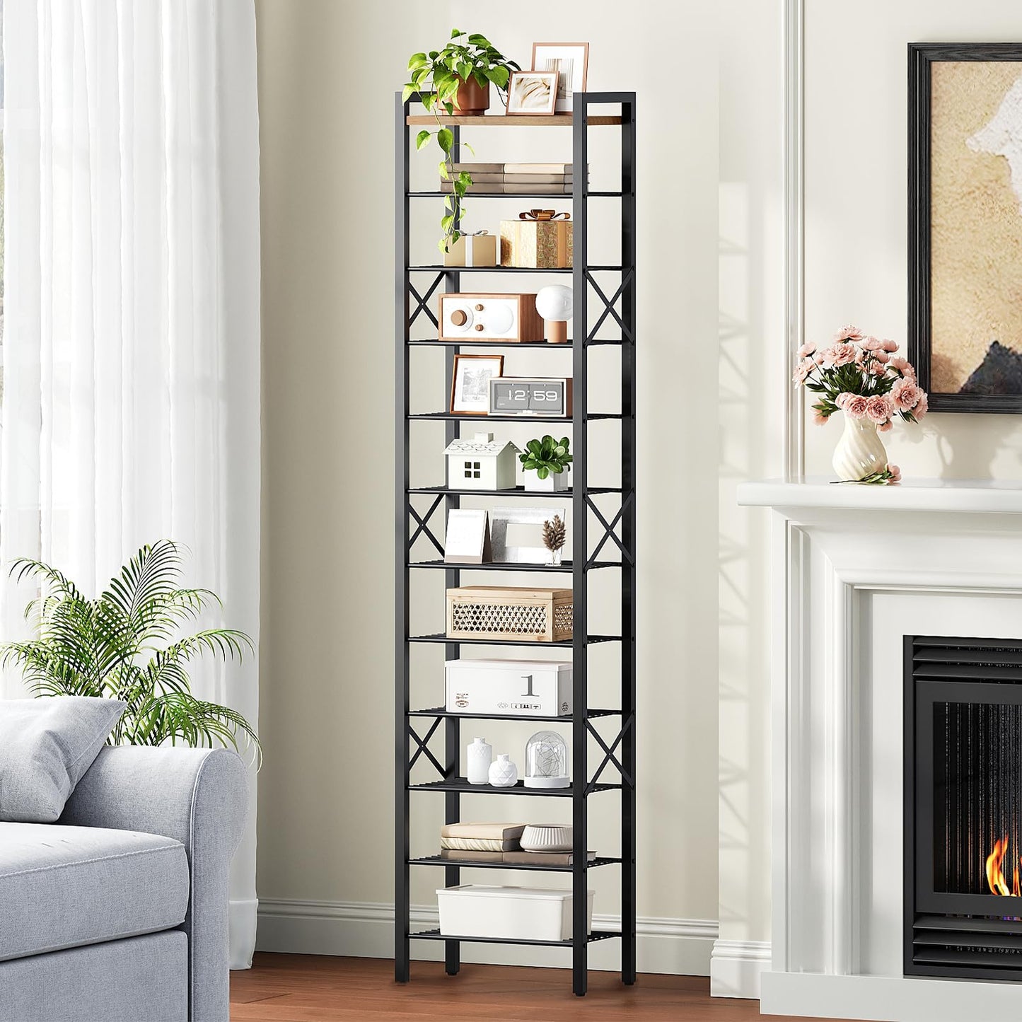 YATINEY 12-Tier Narrow Shoe Rack, Tall Shoe Rack for 12-24 Pairs, Slim Shoe Storage Organizer with Wooden Top, Space Saving, Metal Frame, for Entryway, Rustic Brown and Black SS61BR
