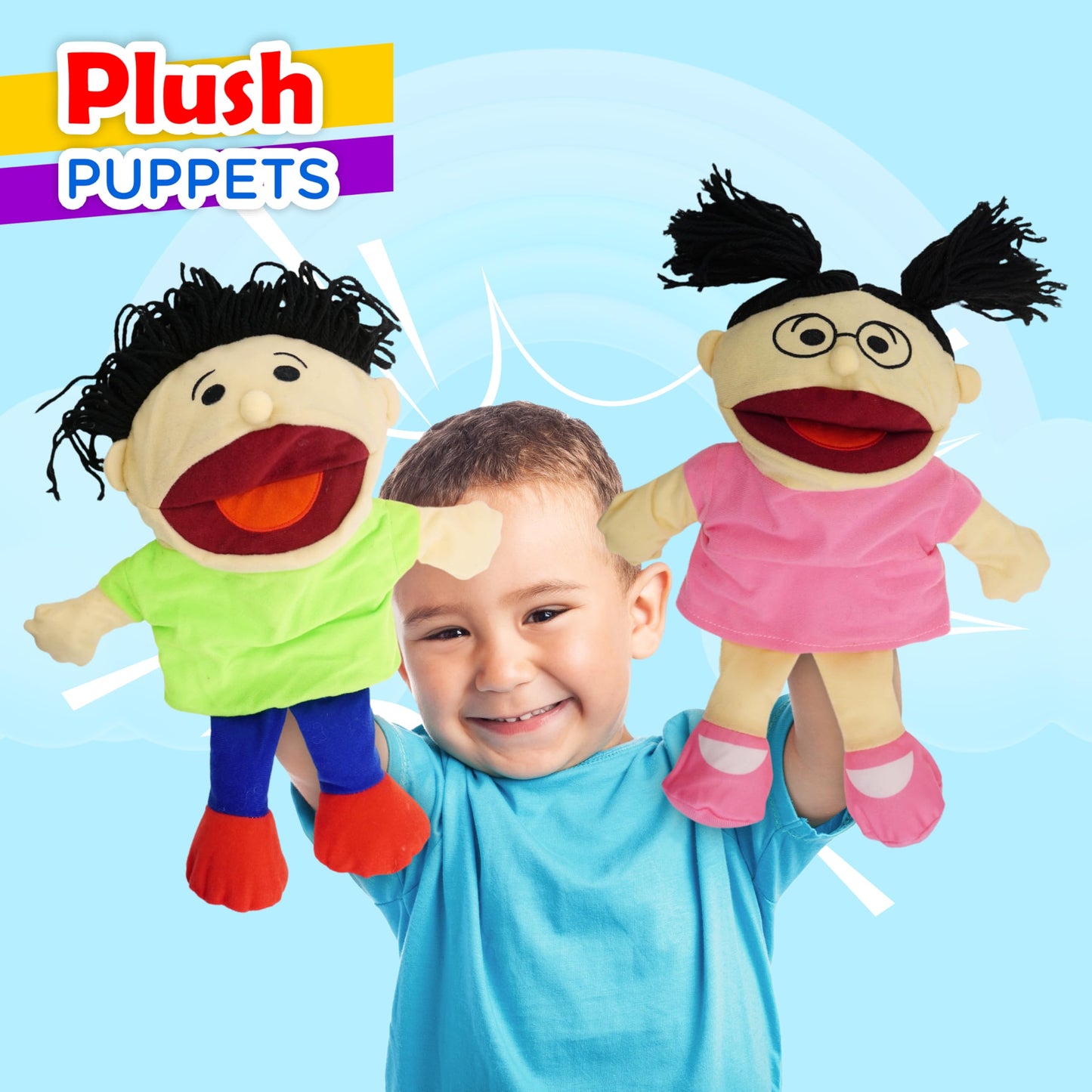 8 Hand Puppets for Kids, Multicultural Puppets with Movable Mouth (8 Pack) Bulk Soft Plush Puppets, School Home Puppet Theater Shows Toys, Teachers Classroom Supplies