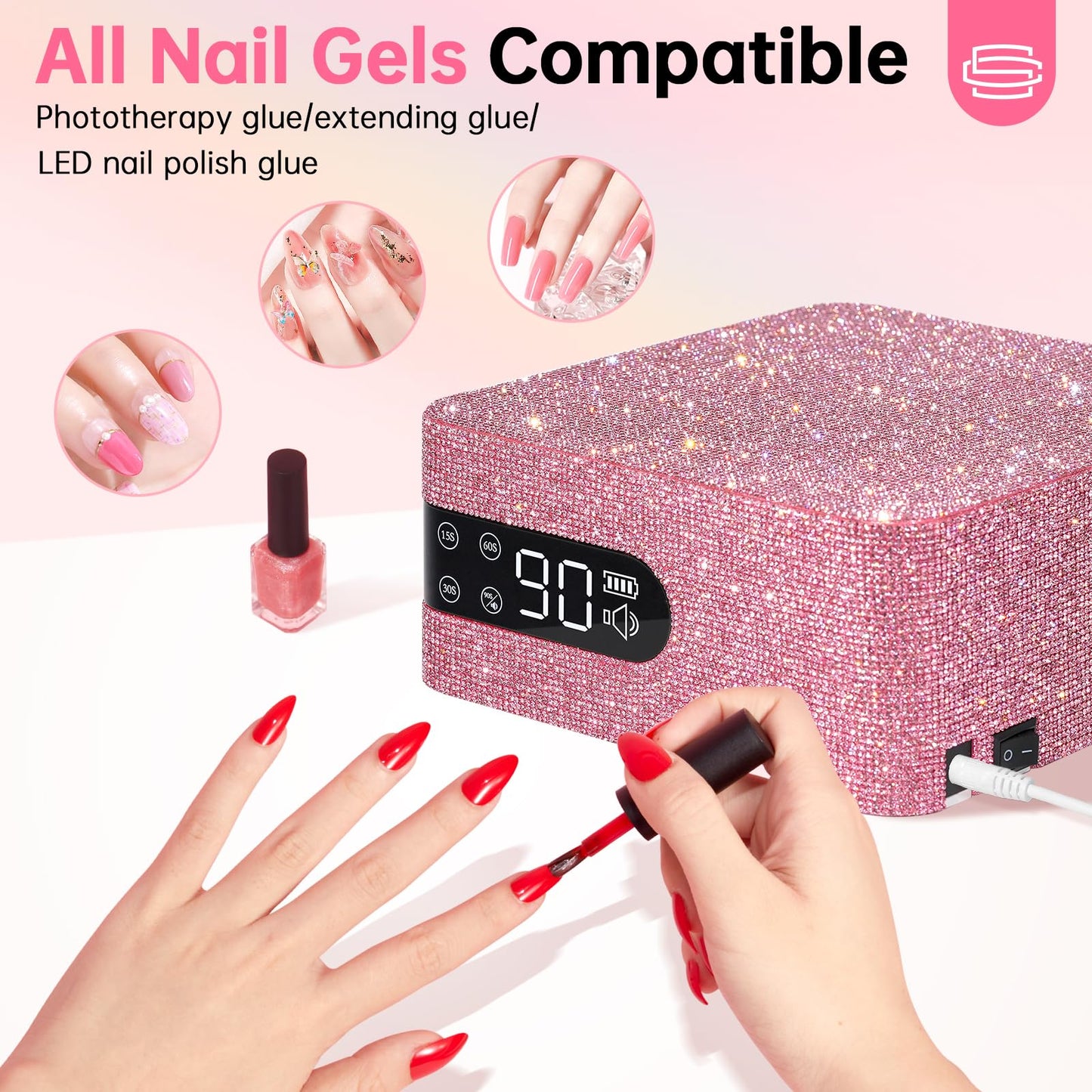 CHRISTINE SHELLY UV LED 96W Nail Lamp Professional Nail Dryer Sparkly Gel Polish Light with 4 Timer Setting Quick Dry Curing Lamp with Display Auto Sensor for Salon & Home Pink Diamond