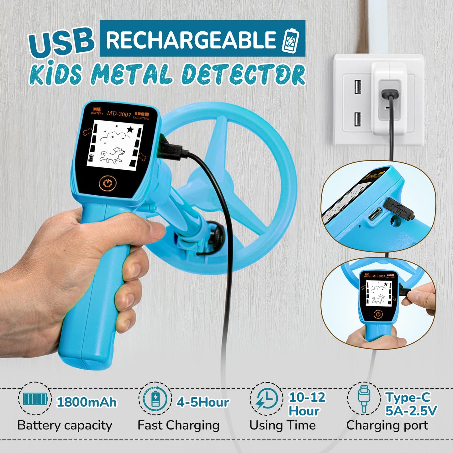 Metal Detector for Kids, Smofrees USB Rechargeable Small Kids Metal Detector, Adjustable 24"-34" Portable Childrens Metal Detector with Funny LCD Display for Outdoor Exploration, Blue