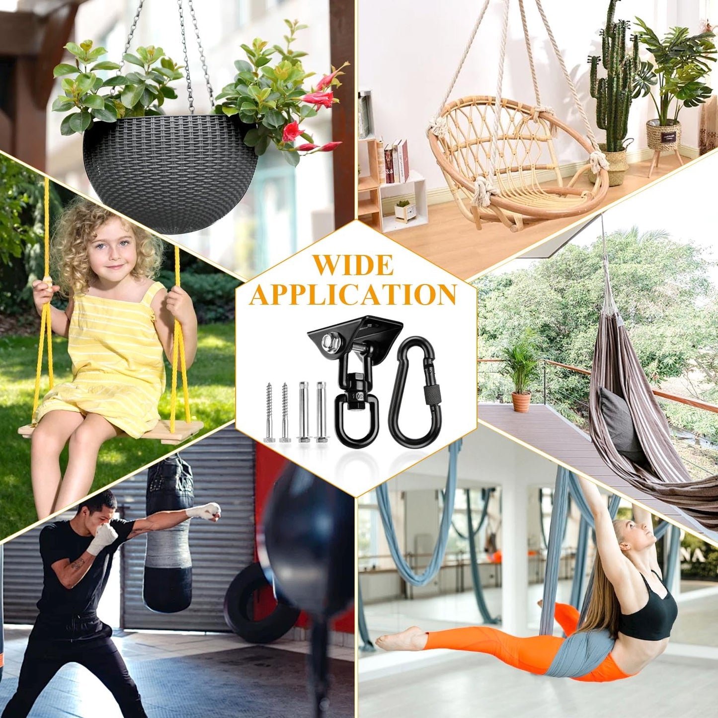 Supkiir 2 Set Hammock Hanging Kit, 360°Rotating Swing Hook, 1200 Lbs Capacity Heavy Duty Black Swing Hanger Hardware for Hanging Hammock Swings Aerial Yoga Boxing Sandbag on Wooden Concrete Ceiling