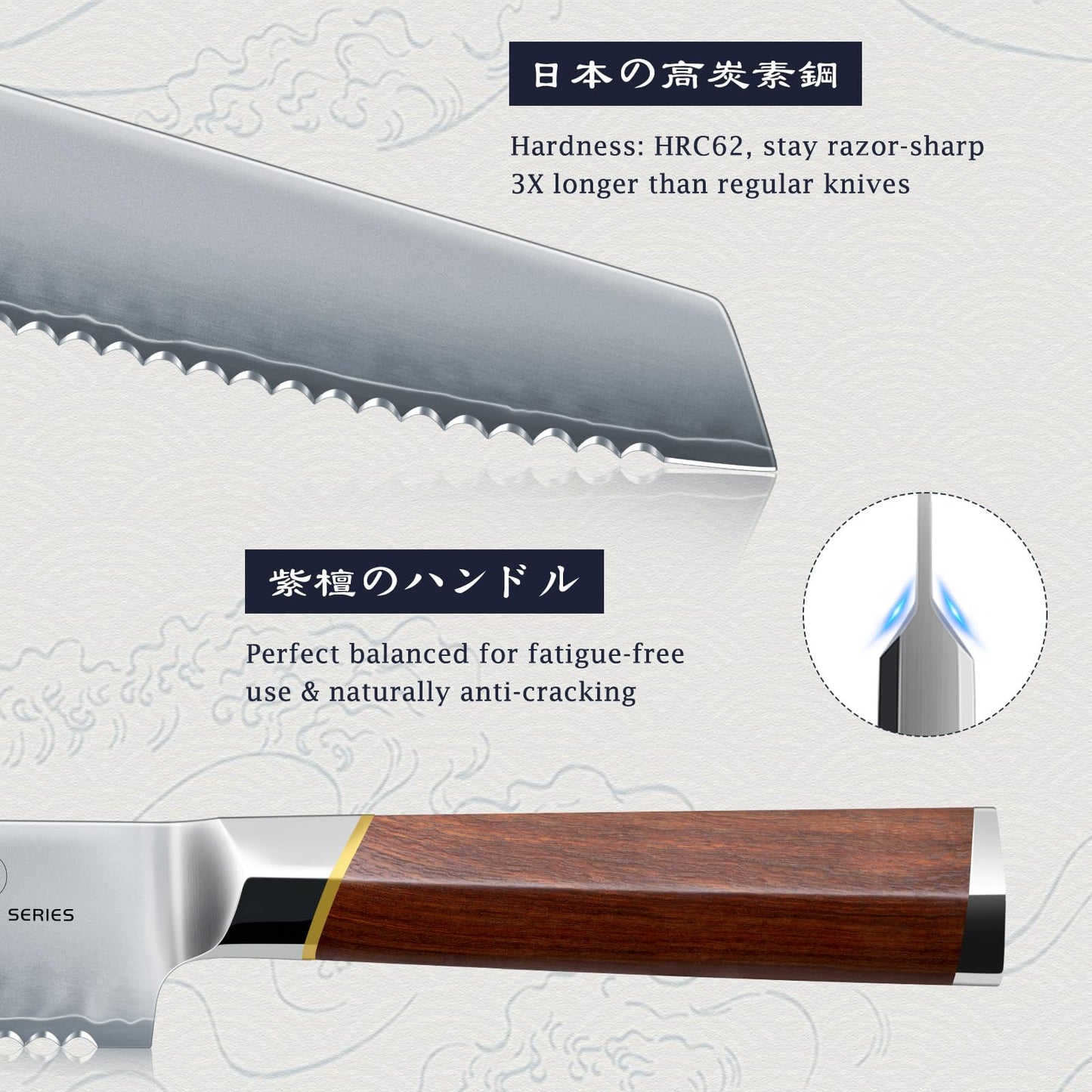 HOSHANHO Bread Knife 10 inch, Japanese High Carbon Stainless Steel Serrated Knife, Professional Bread Kitchen Knives for Homemade Sourdough Bread Cutting