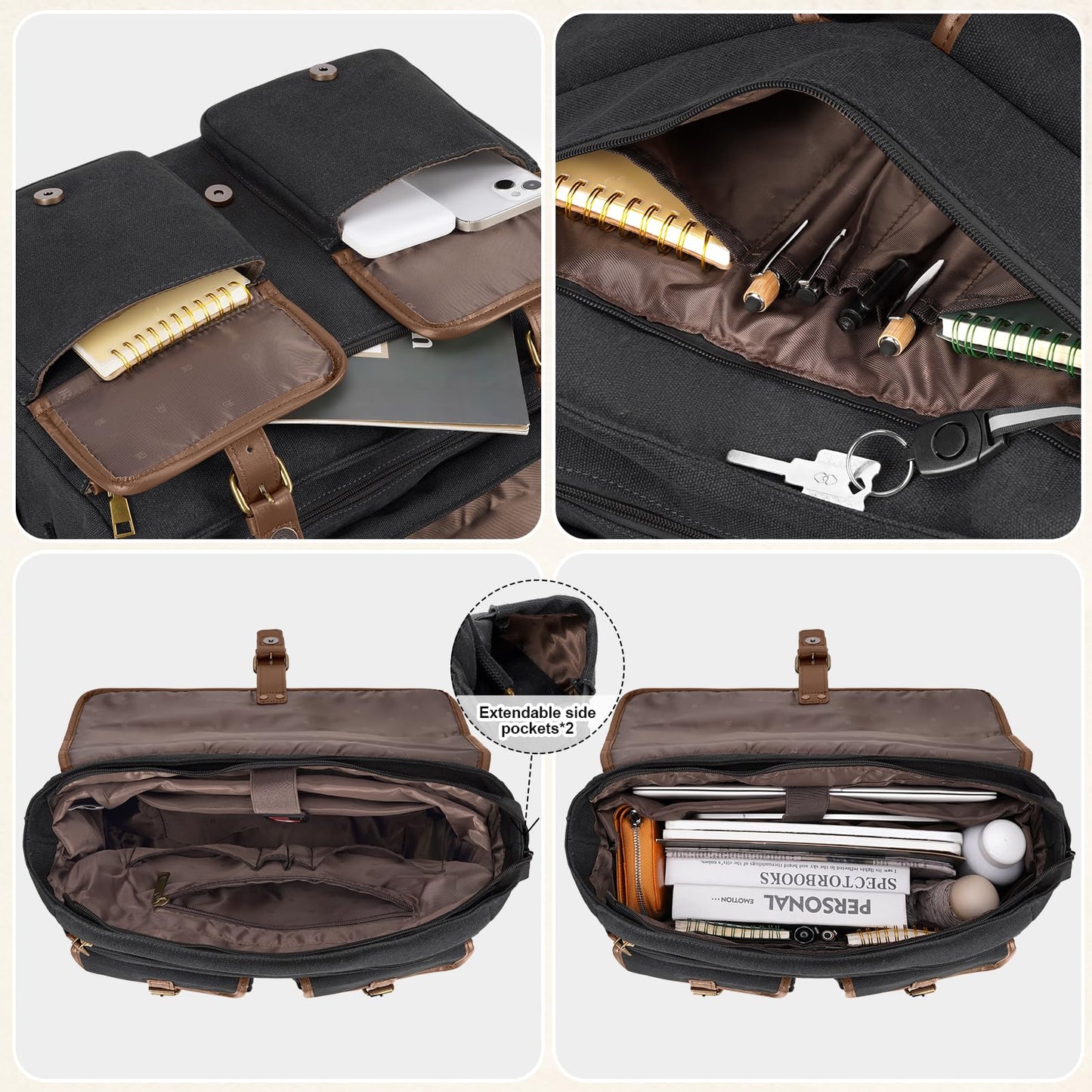 RAINSMORE Messenger Bag Men Canvas 15.6 Inch Computer Laptop Bag Waterpfoof Satchel Bags for Men Work Office, Black