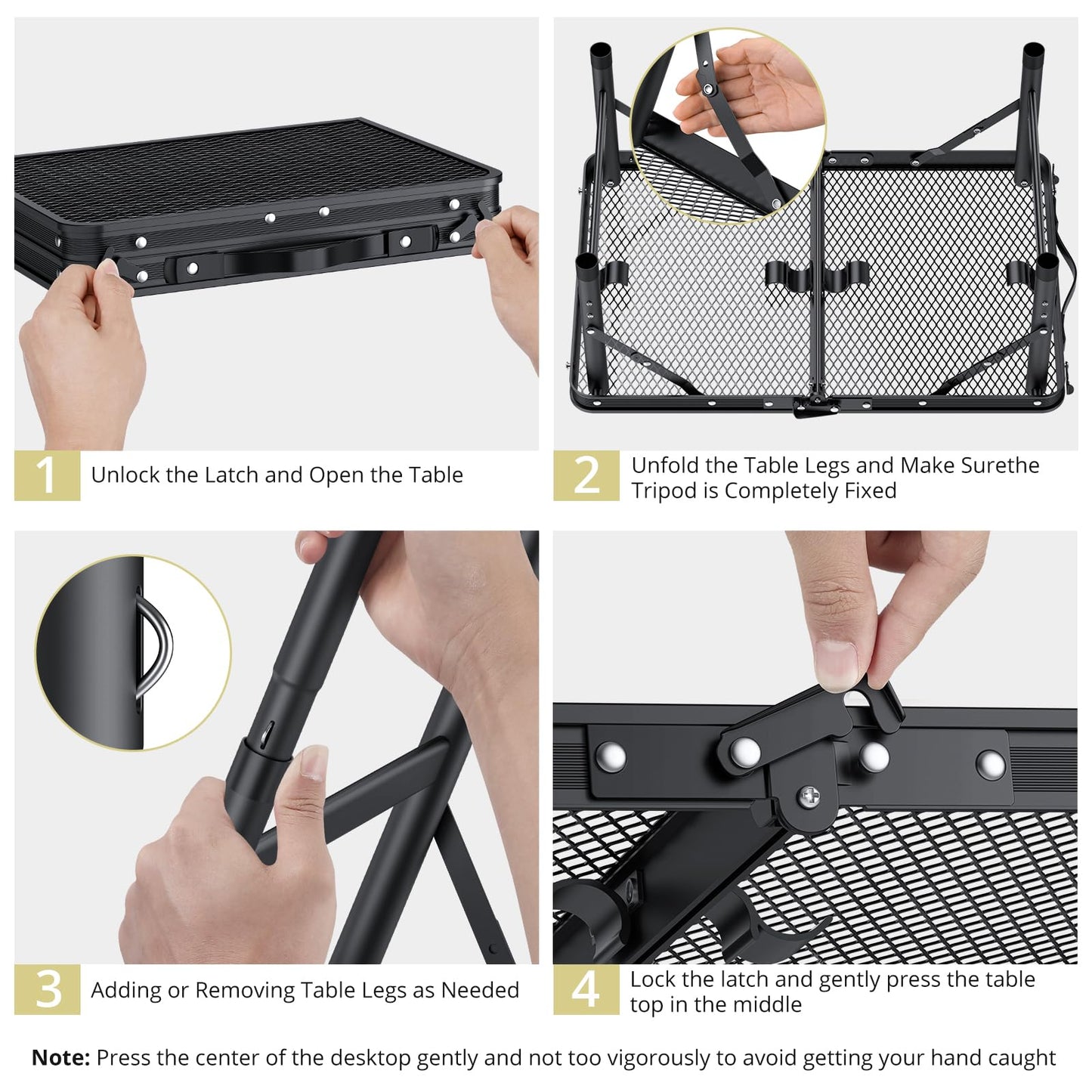 Anbte Folding Grill Table, Aluminum Camping Table Adjustable Height Max 27.5" Picnic Table Small Outdoor Table, Lightweight, Portable Handle for Travel Cooking BBQ Picnic, 22.8" x 16", Black