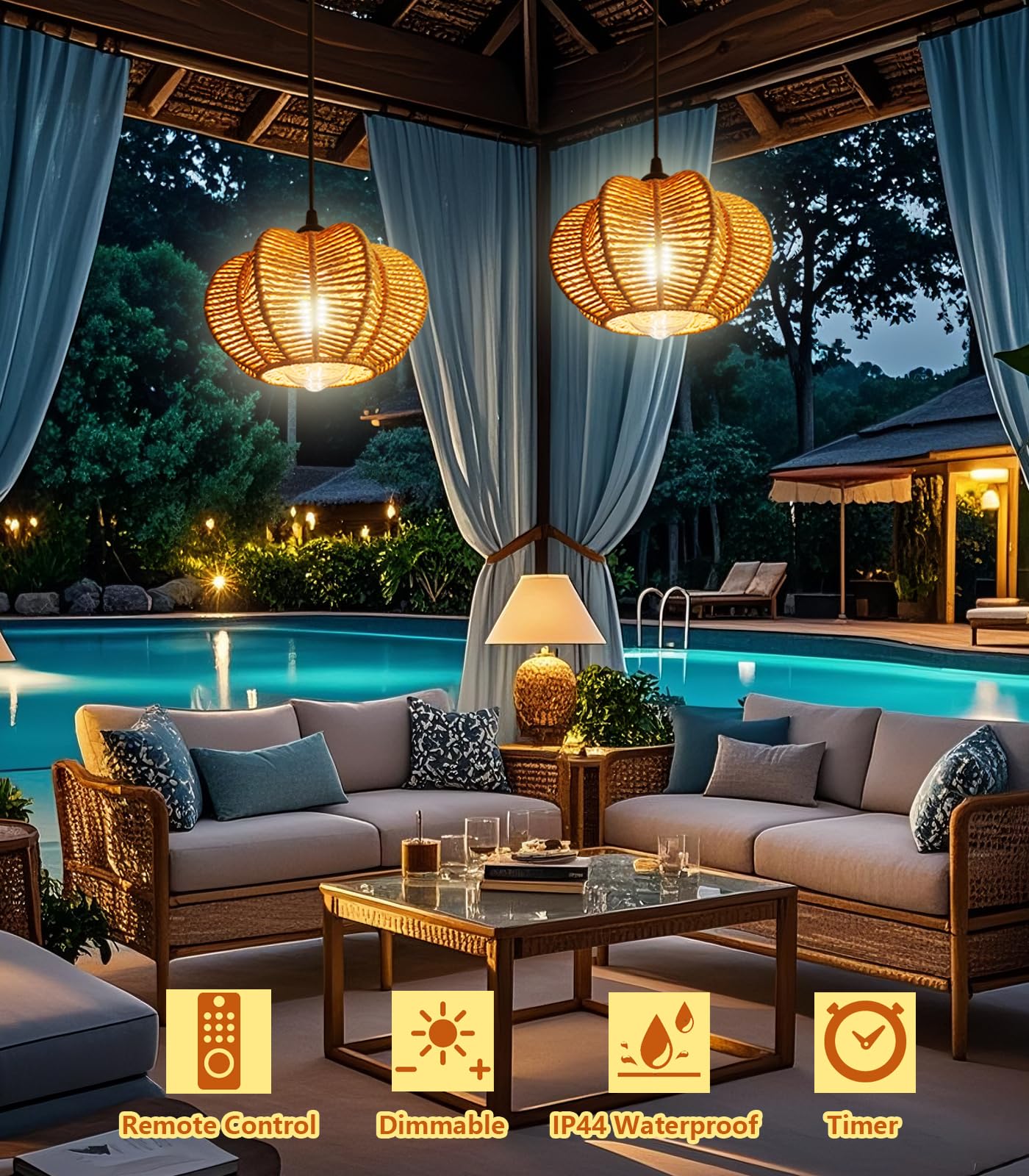 Battery Operated Chandelier Outdoor Waterproof, Gazebo Lights Battery Powered, Boho Rattan Hanging Pendant Light for Porch, Patio, Pergola, Garden, Balcony (2 Pack)