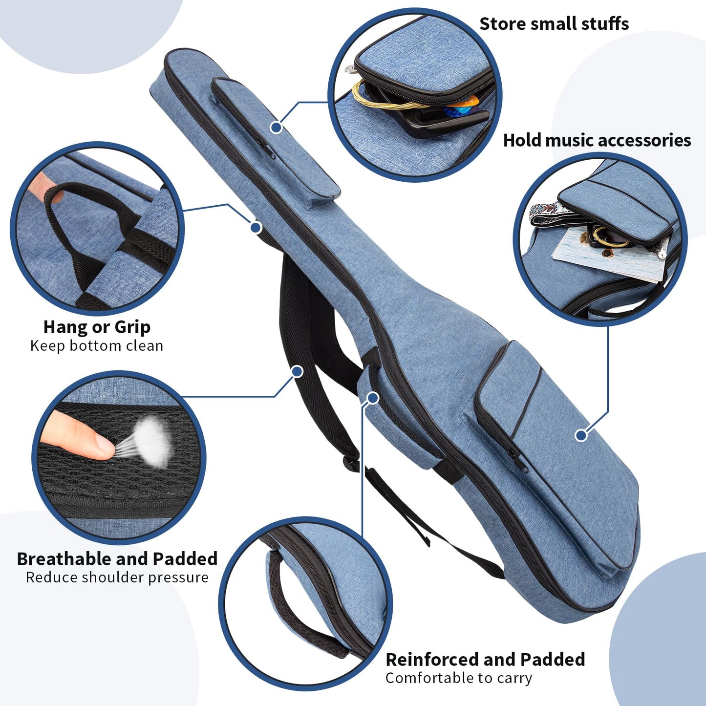 39 Inch Electric Guitar Bag Soft Guitar Case, MUZTOP 11 MM Thick Padded Electric Guitar Gig Bag Waterproof Guitar Backpack with Pockets (Blue-CA)