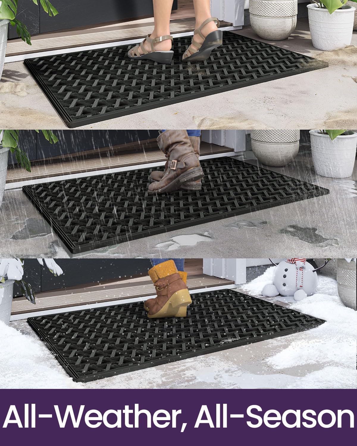 DEXI Rubber Front Door Mat Outside Entrance 24x36, Non Slip Dirt Trapper Drainage Holes Doormat, Heavy Duty Entryway Rug Waterproof All Weather Floor Mat for Welcome, Black