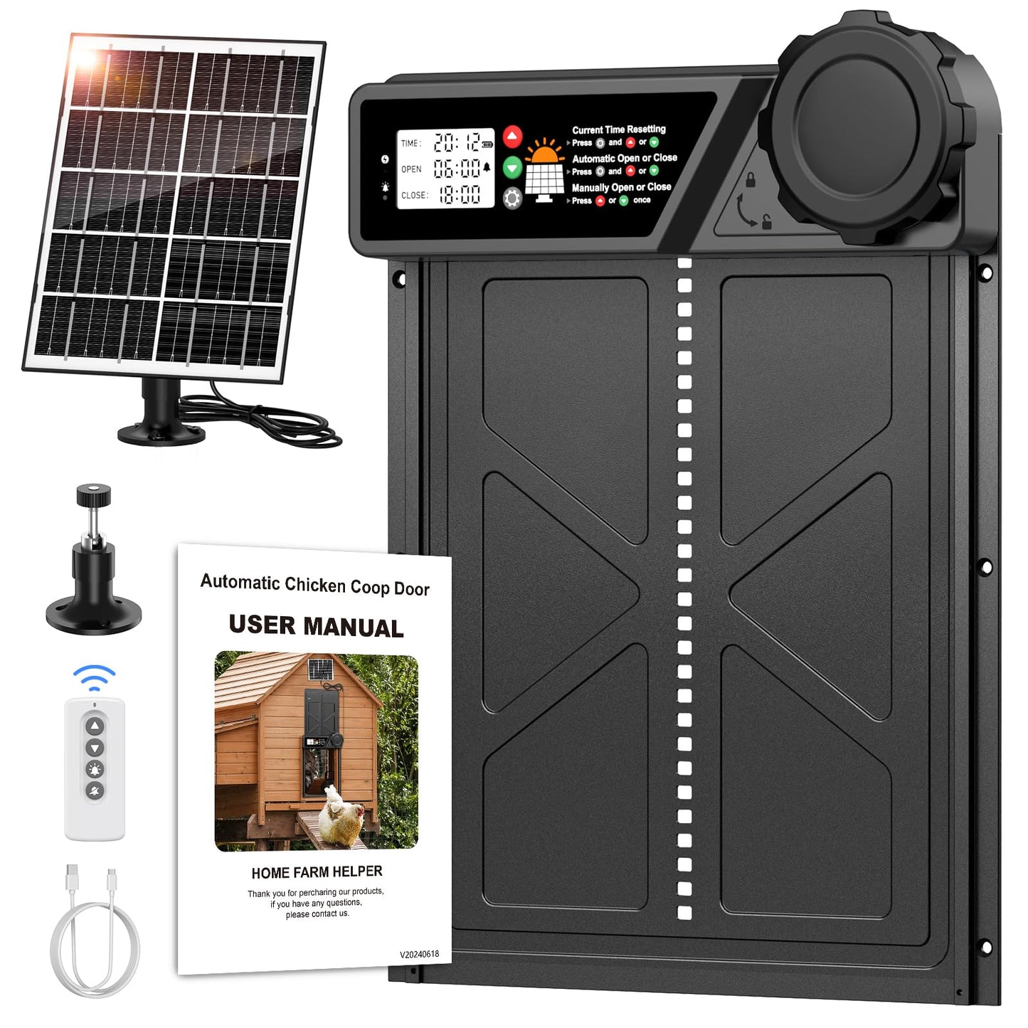 Large Automatic Chicken Coop Door Solar Powered, Aluminum Solar Chicken Coop Door with Timer Mode, Premium 7W Solar Panel & Large LCD Display, Advanced Anti-Pinch Design, Range 20M Remote Control