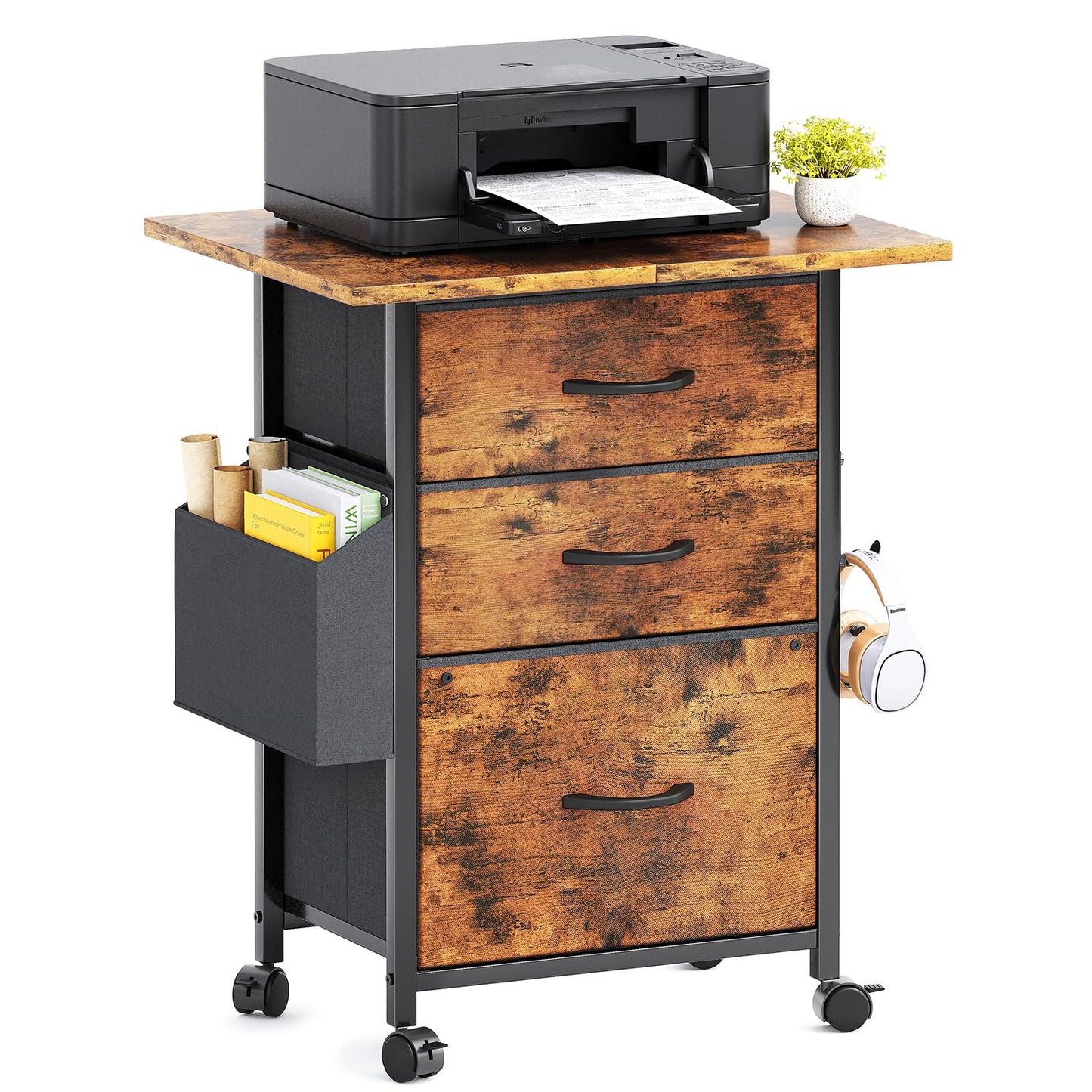 Flrrtenv File Cabinet with Extended Tabletop, Mobile Filing Cabinet with 3 Fabric Drawers and Storage Bag, Printer Stand for Home Office, Night Stand for Bedroom, Rustic Brown