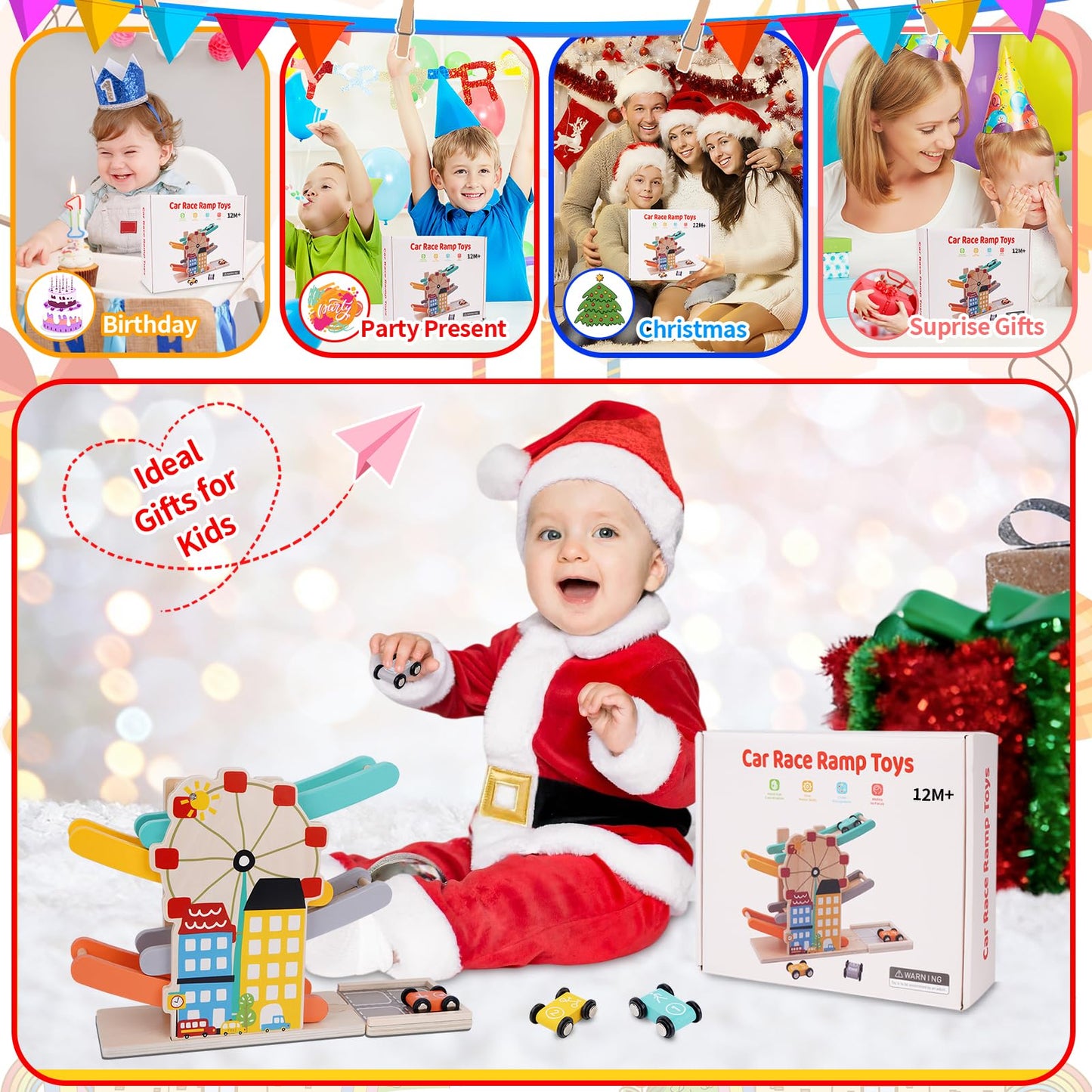 FCSONU Toddlers Montessori Toys for 1 2 Year Old Boys Girls, Wooden Car Ramps Race Track Set with 4 Mini Cars & 4 Car Tracks & Garage, Christmas & 1st Birthday Gifts for Boys Girls Baby Kids 1-3-2-4