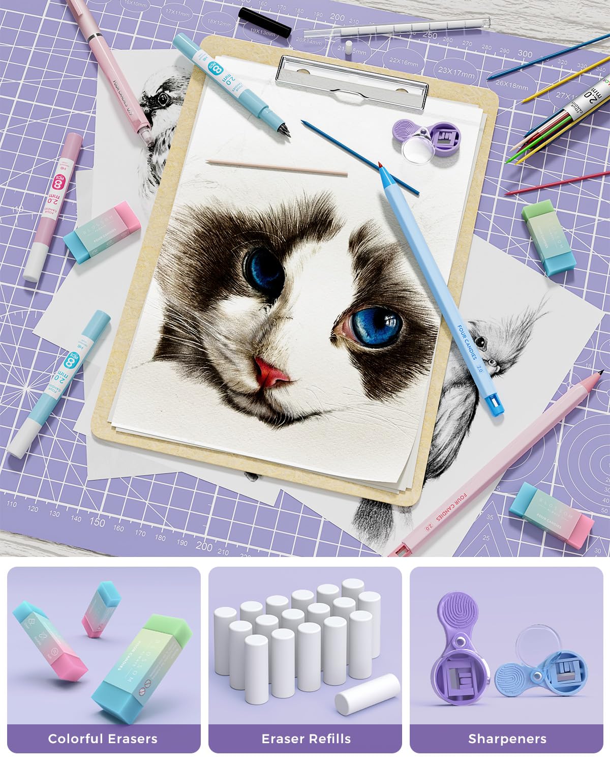 Four Candies 36PCS Aesthetic School Supplies with Pencil Case, Mechanical Pencils 0.5mm, 0.7mm, 0.9mm & 2.0mm with 624PCS Lead Refills, Cute Mechanical Pencils for Writing, Drawing & Drafting (Pink)