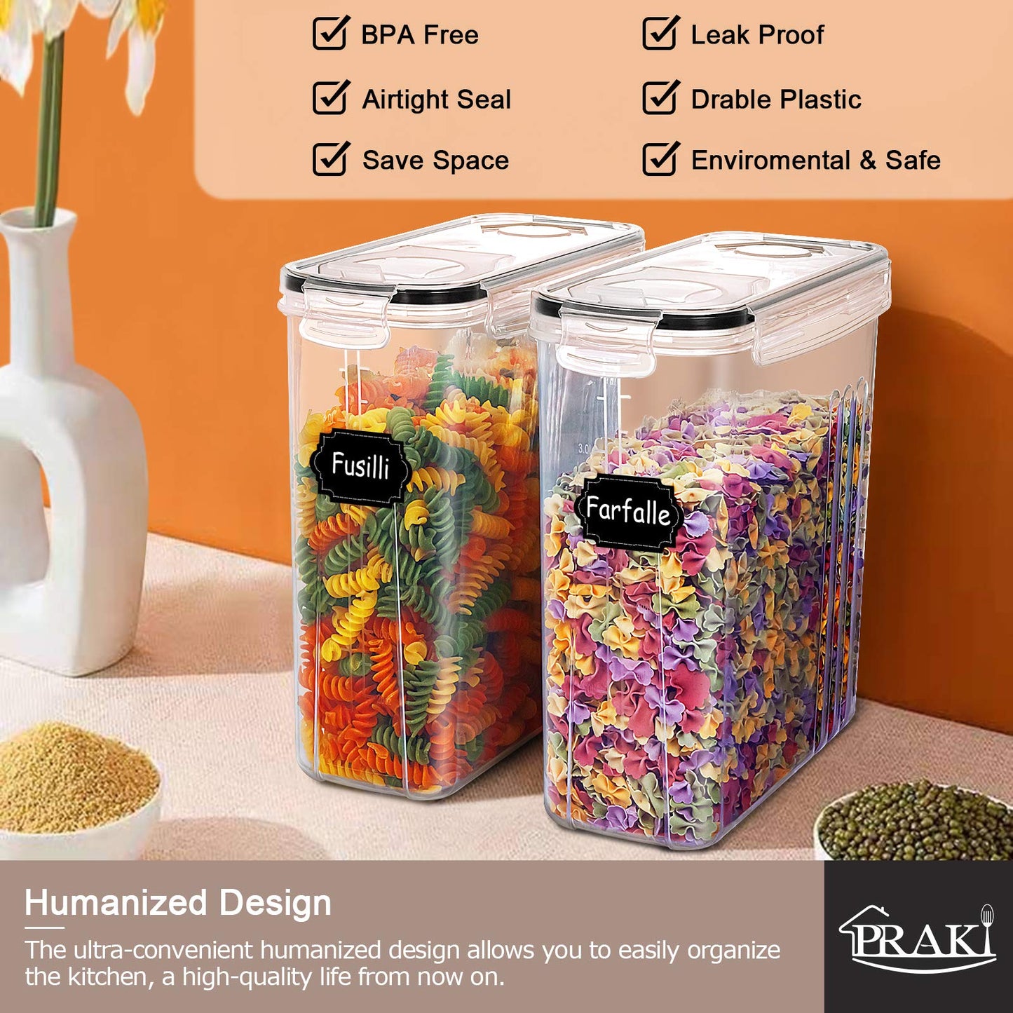 PRAKI 5PCS Cereal Containers Storage Set, BPA-Free Airtight Food Storage Container Set with Lids, Kitchen Pantry Organization & Storage, Perfect for Sugar, Baking Supplies - 20 Lables & Mark(4L Black)