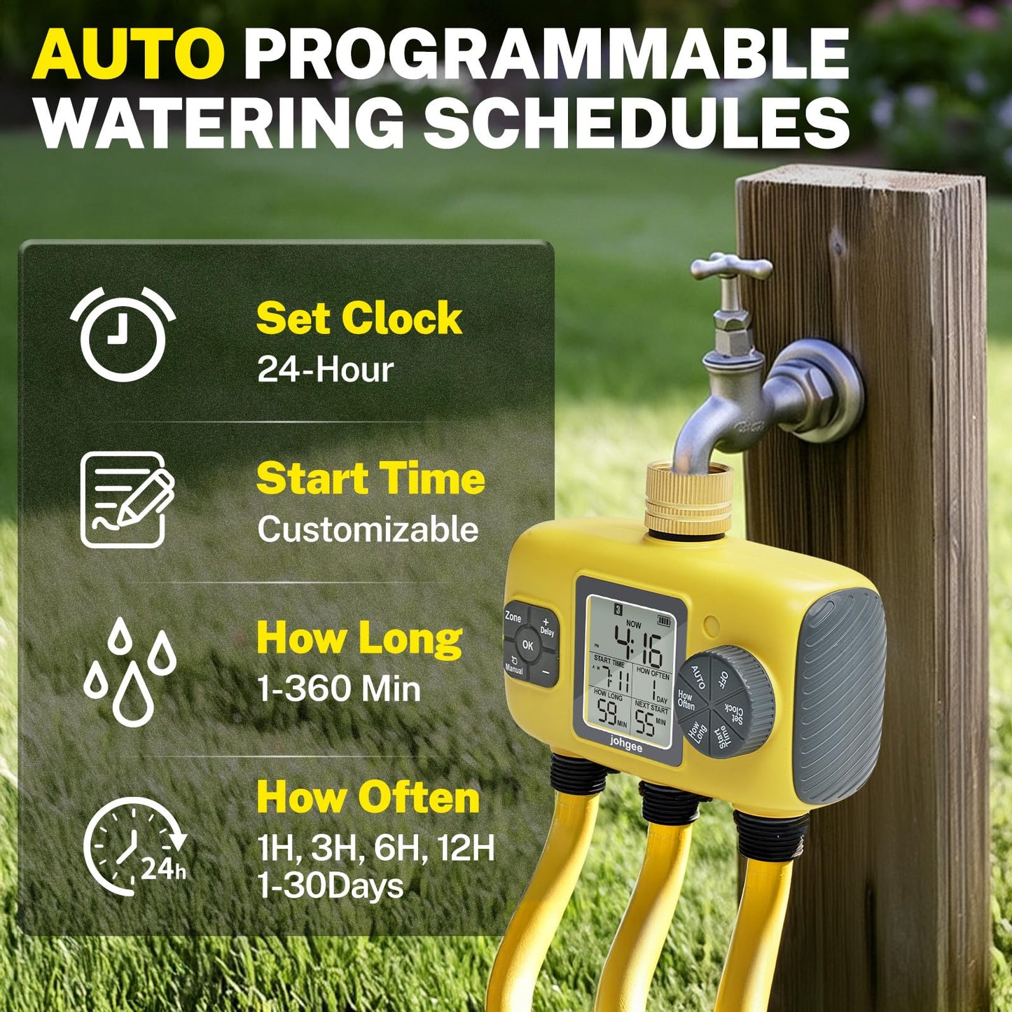 Johgee 3 Zones Water Timer Brass Inlet, Sprinkler Timer Programmable Garden Hose Timer with Rain Delay/Manual/Automatic Watering System,Waterproof Digital Irrigation Timer System for Lawns Pool