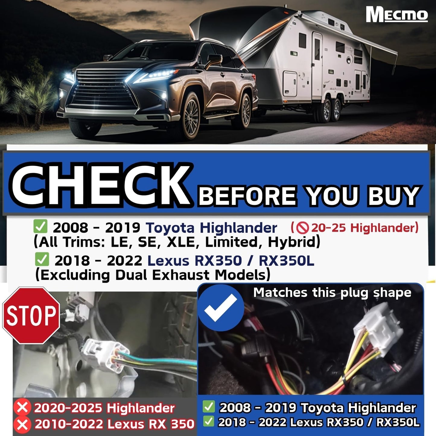 MECMO 4-Pin Trailer Wiring Harness 56217 for 2008-2019 Toyota Highlander, for 2018-2022 Lexus RX 350/350L, Custom 4 Way Flat T-Connector Plug and Play Towing Hitch Wire for Trailer Light Connect