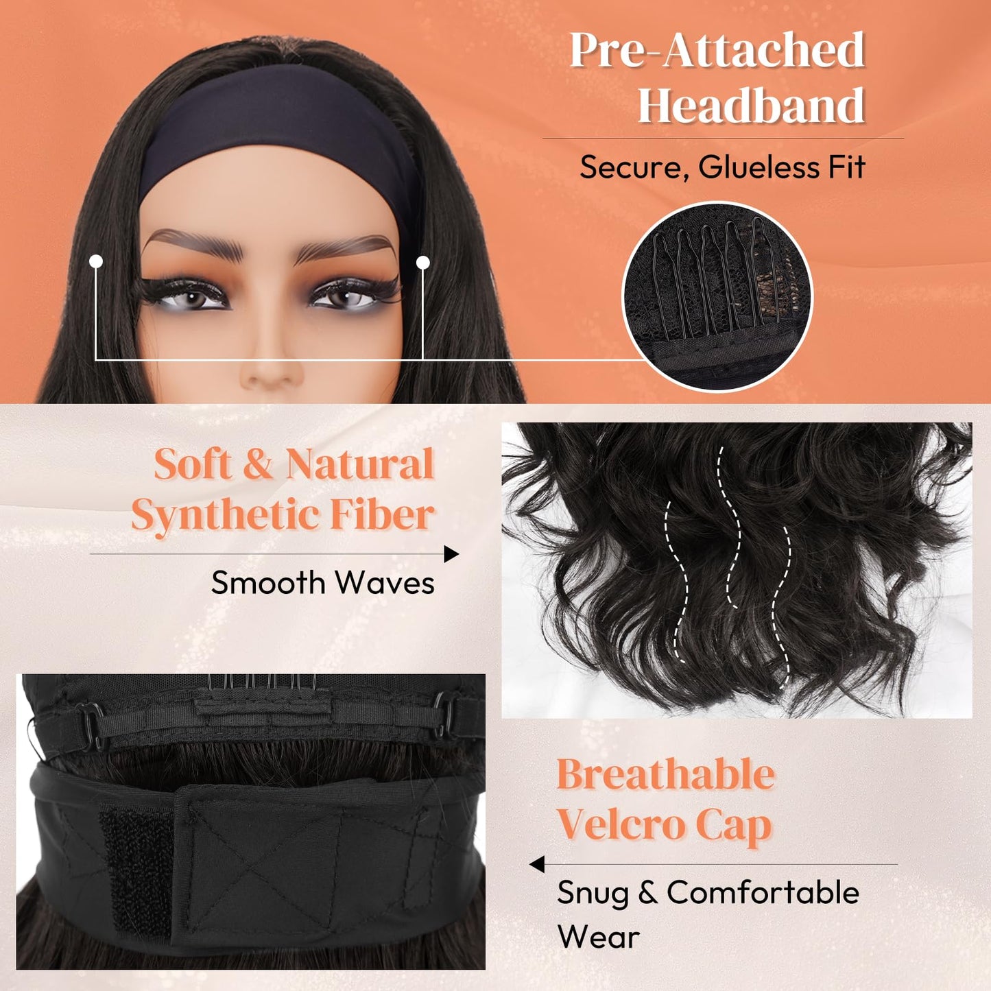 BARSDAR Dark Brown Wavy Headband Wig - 26 Inch Long Loose Body Wavy Synthetic Headband Wig for Women - Wear and Go Glueless Wig Soft Lightweight Natural Looking Easy Wear Head Band Wigs