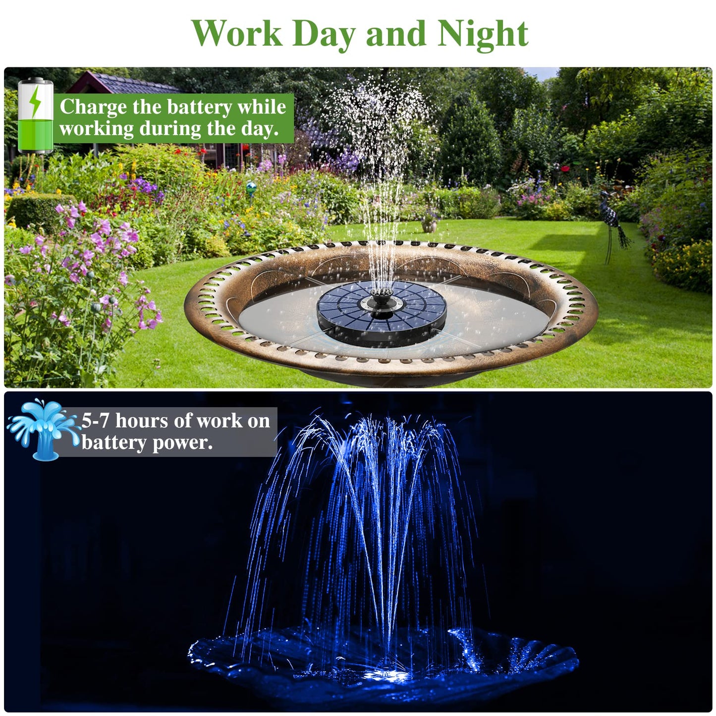 AISITIN 5.5W LED Solar Fountain Pump Upgraded Solar Bird Bath Fountain Diameter 8.27inch Solar Water Fountain with 7 Nozzles Solar Powered Fountain Pump for Bird Bath, Garden, Fish Tank, Patio, Pond