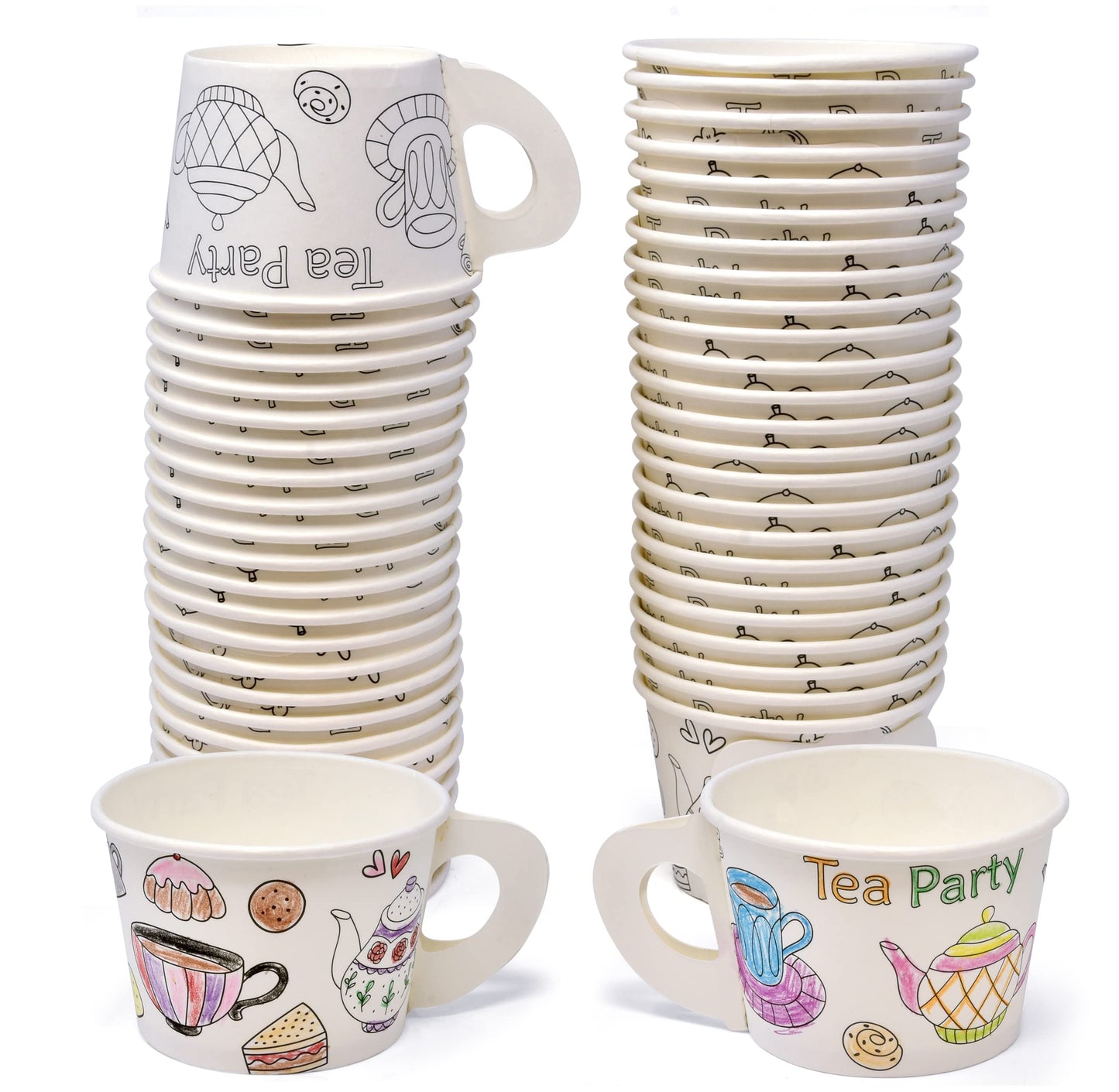 Gift Boutique 48 Count Color Your Own Tea Party Treat Cups with Handle 10oz Disposable Paper Snack Cup Dessert Ice Cream Teacup Bowls Coloring Activity Crafts