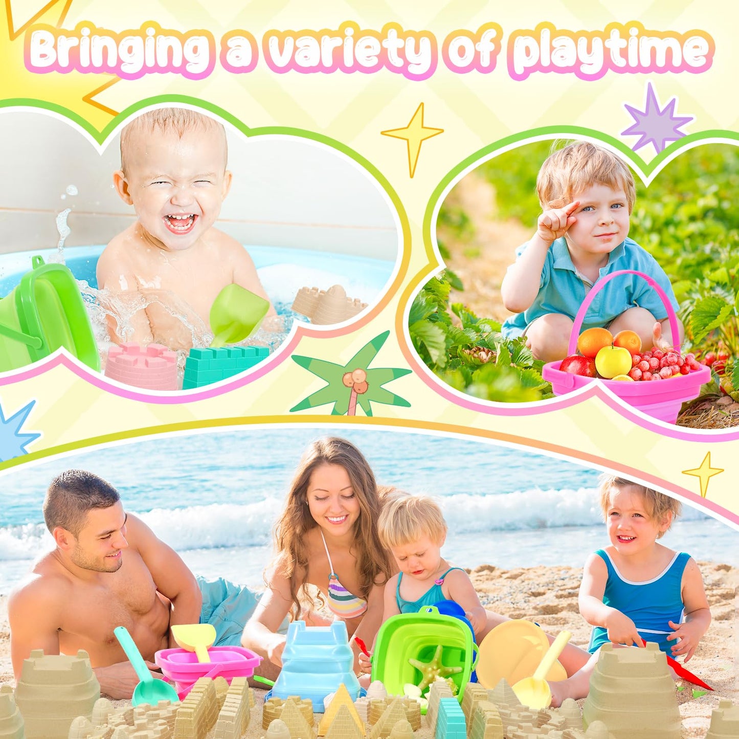 NINAOR Collapsible Beach Toys with Beach Bag, Collapsible Bucket Rake Shovel Beach Essentials for Toddler Toys Play Sandbox Camping Vacation Outdoor Games Sand Toys for Kids Beach Travel