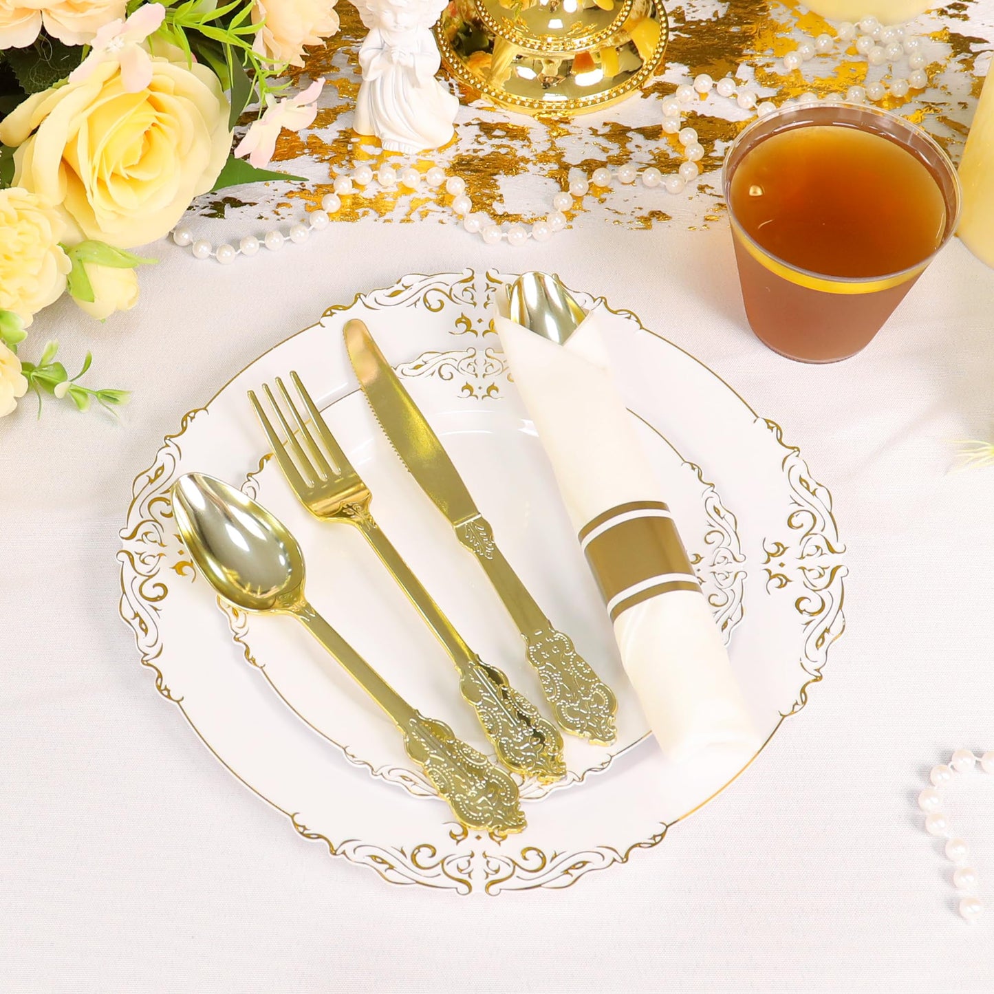 350 Piece Dinnerware Set for Wedding & Party,50 Guest RimPlastic Plates,50 Plastic Silverware,50 Cups,50 Linen Like Napkins (Gilding Gold)