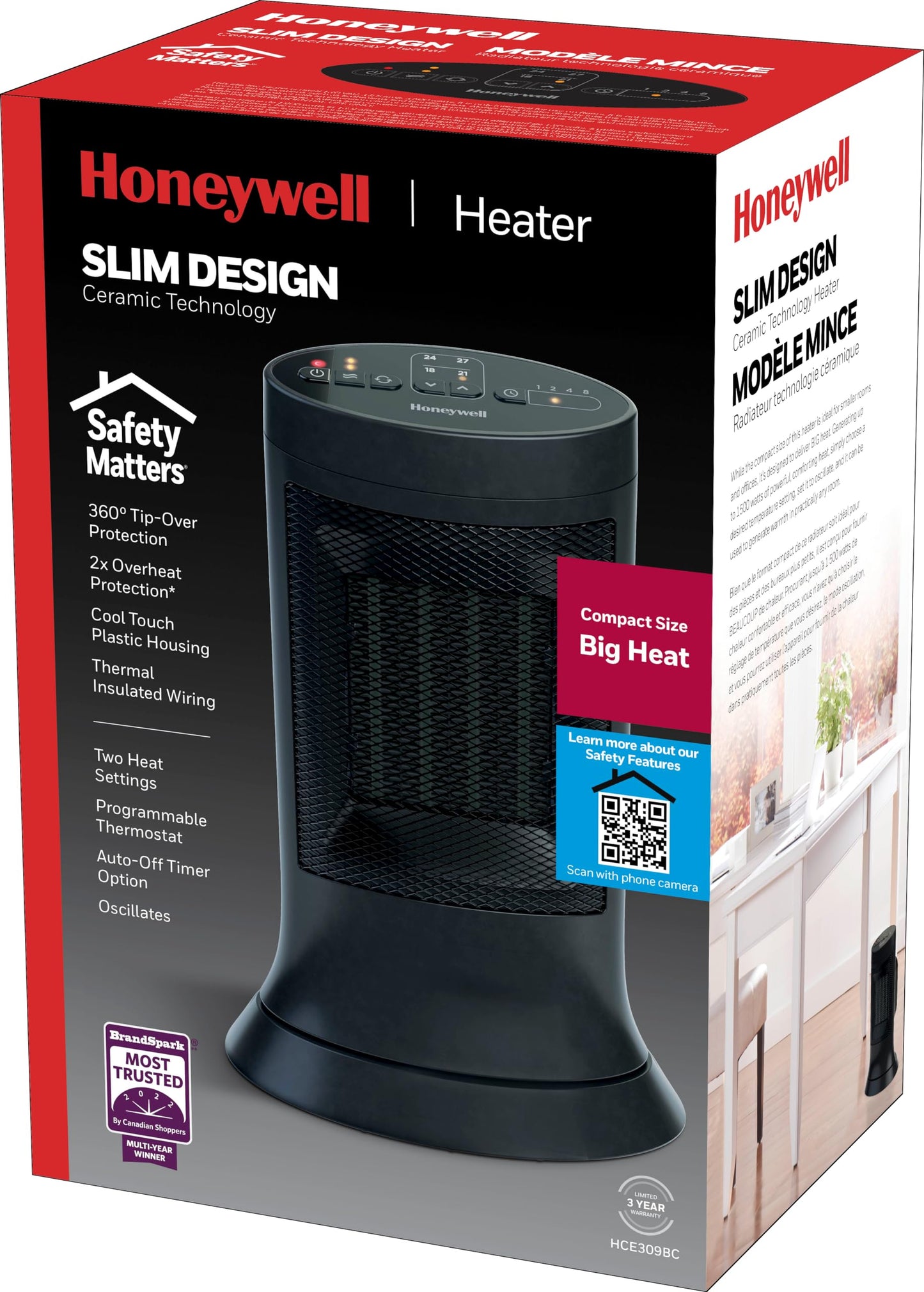 Honeywell HCE309BC Slim Ceramic Mini-Tower Space Heater for Bedroom, Office, Home, Black