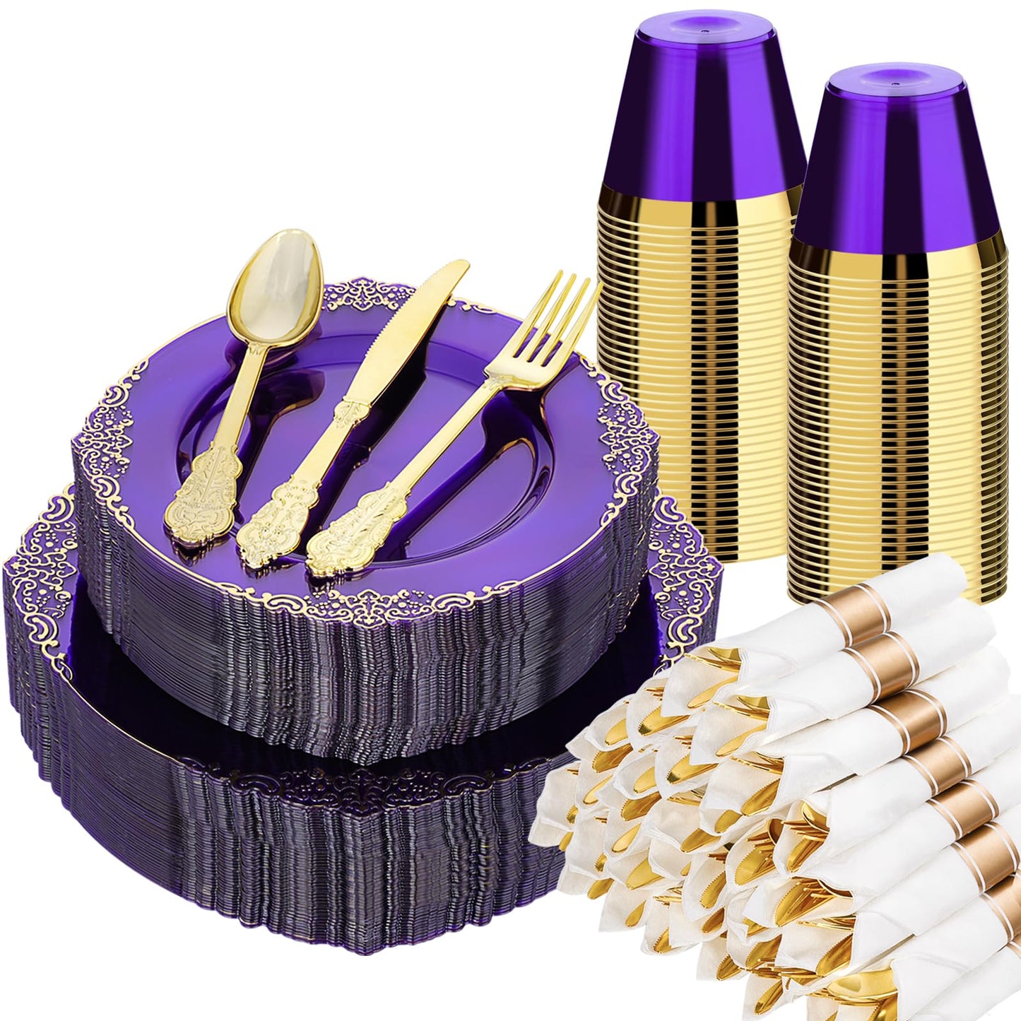 Bestluck 350 PCS Purple and Gold Plastic Plates, Disposable Dinnerware Set for 50 Guests, 100 Disposable Plates, 150 Silverwares, 50 Cups, 50 Napkins for Wedding, Party