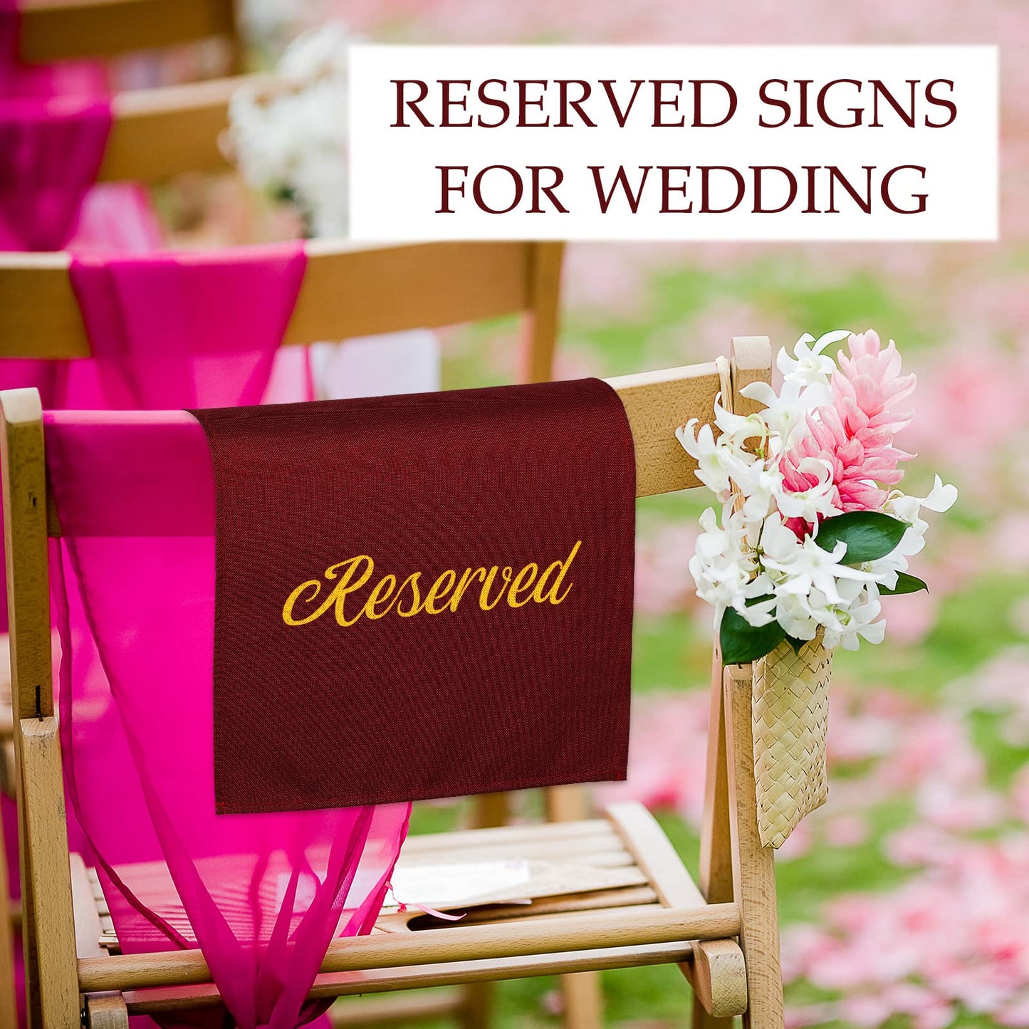 Tatuo 12 Pieces Reserved Seating Signs - 22 Inch Cloth Placeholders for Church Pews, Restaurant, Wedding, Meeting and Event Parties (Burgundy and Gold)