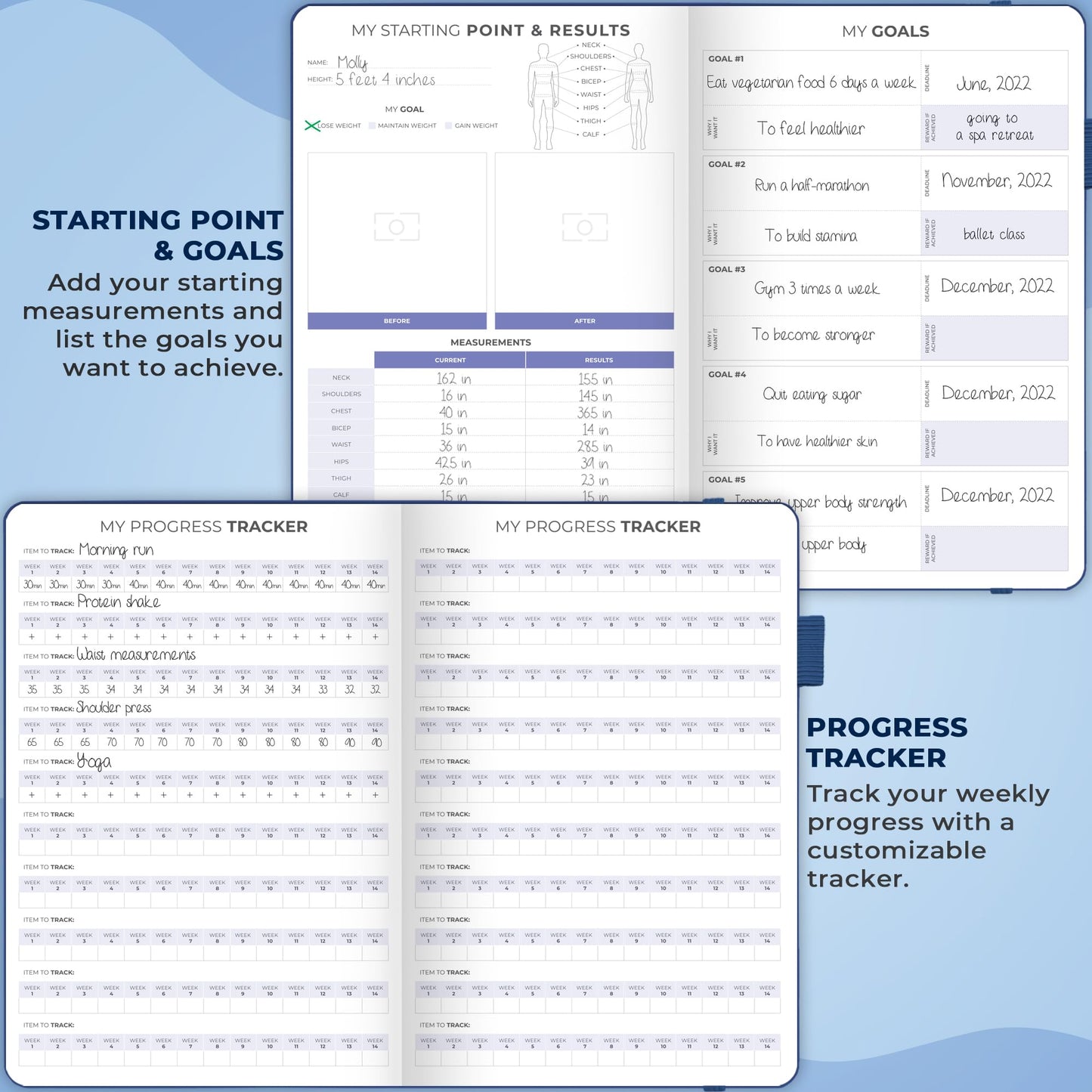 Clever Fox Fitness & Food Journal – Nutrition & Workout Planner for Women & Men – Diet & Gym Exercise Log Book with Calendars, Diet & Training Trackers - Undated, A5 Size, Hardcover (Mystic Blue)