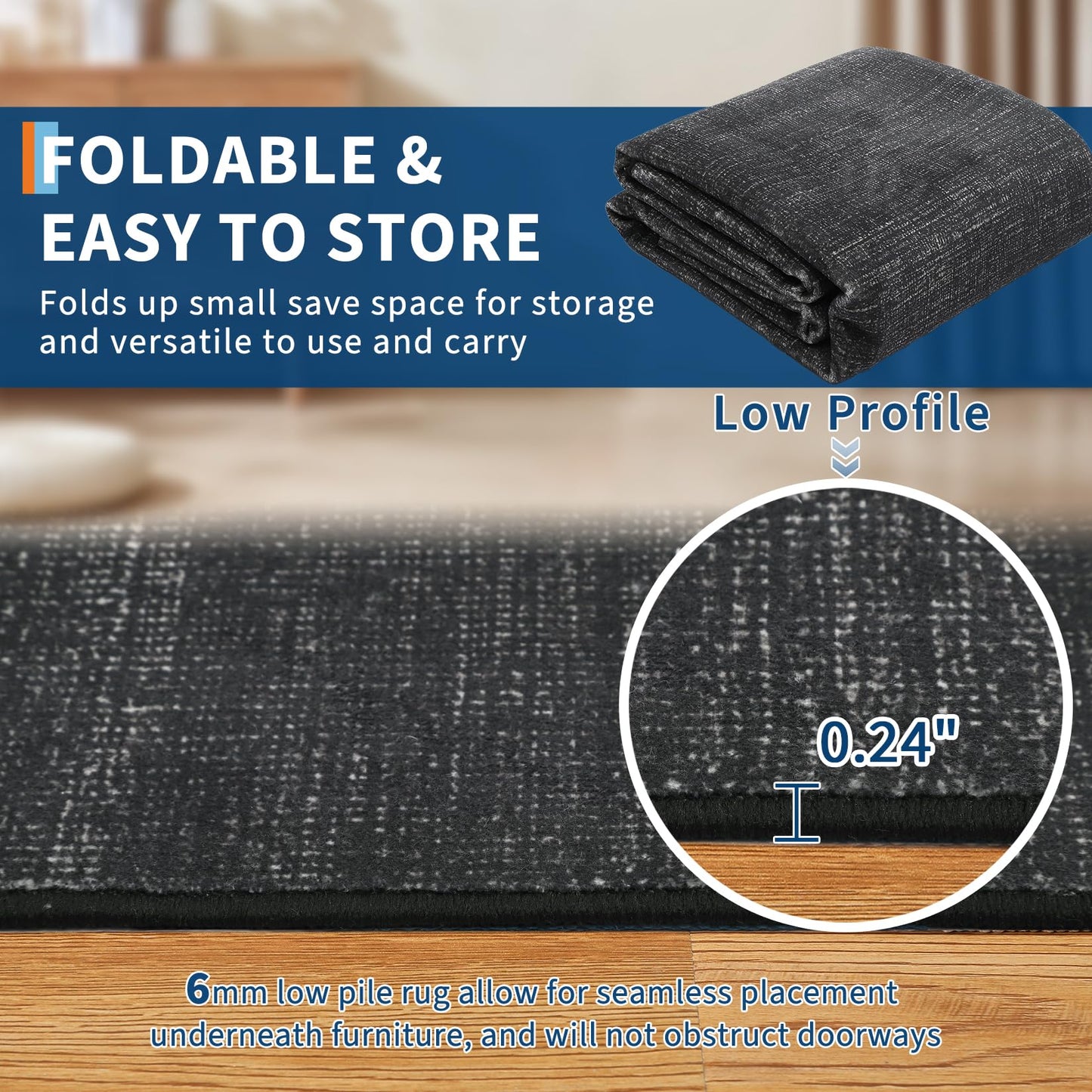 GarveeHome 4x6 Bedroom Area Rug Machine Washable Non-Slip Low Pile Floor Carpets Modern Simple Rugs Contemporary Minimalist Solid Black Area Rug for Living Room Dining Room Nursery Room